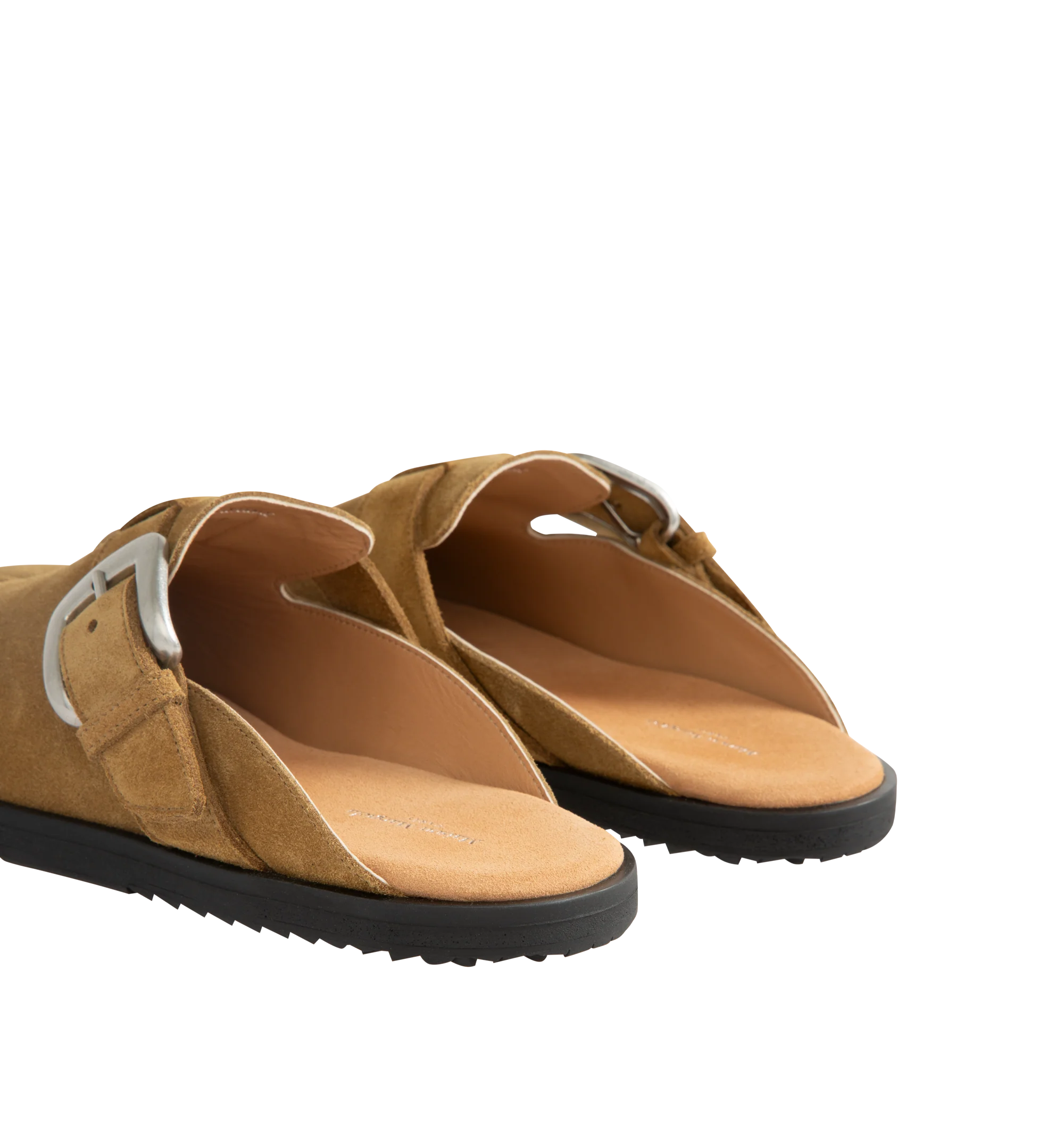 Image 3 of 4 - NEUTRAL - Maison Margiela Women's Tabi Daily Mules are crafted from calf suede and feature the signature split-toe design, a slip-on mule silhouette, open-back construction, an adjustable buckle strap, and a durable rubber sole. These designer suede mules combine the iconic Tabi silhouette with everyday comfort for effortless styling. Main Material: 100% Calf Suede. Lining: 50% Calf Leather, 50% Calf Suede. Sole: 100% Rubber. Heel Height: 1.1 cm. Made in Italy.