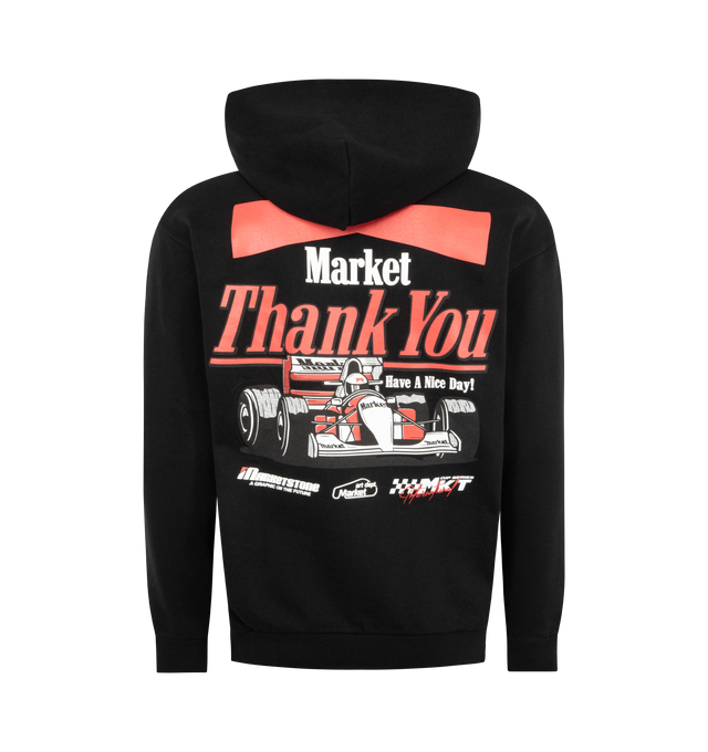 Image 2 of 2 - BLACK - MARKET Have a Nice Race Hoodie featuring pullover hooded sweatshirt, front graphic and back, front pouch pocket, ribbing trims and regular fit. 100% cotton.