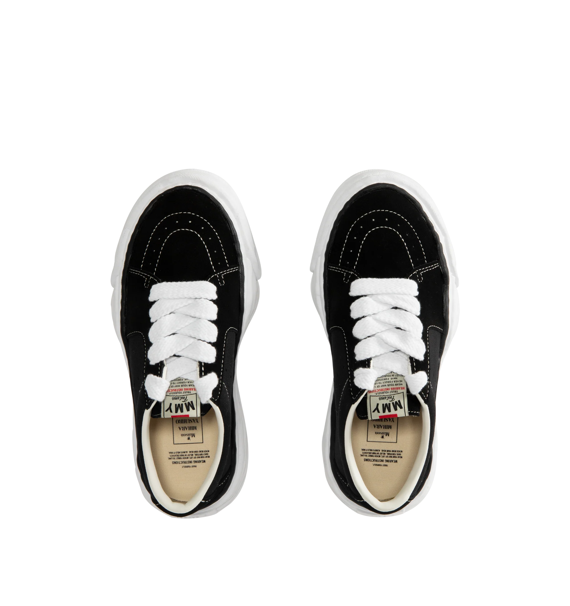 Image 5 of 5 - BLACK - Maison Mihara Yasuhiro Men's Eric Sneakers feature the brand's signature hand-sculpted OG sole, a mixed-material suede and canvas upper, and distinctive toe stitching for a bold contemporary look. Designed for the Spring/Summer 2026 collection, these designer low-top sneakers combine Maison Mihara Yasuhiro's experimental aesthetic with everyday comfort, while the handcrafted-inspired sole and intentional vintage detailing create a truly distinctive silhouette. Main Material: Cow Leath