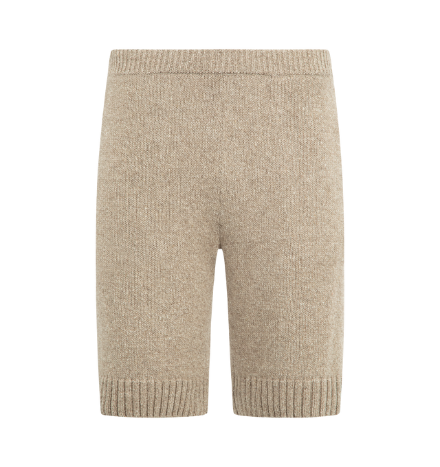 Image 1 of 3 - BROWN - AURALEE Cashmere Silk Melange Knit Shorts featuring elastic waist with concealed drawstring, ribbed waist and hem, side pockets, relaxed fit and knee length. 52% cashmere, 48% silk.
