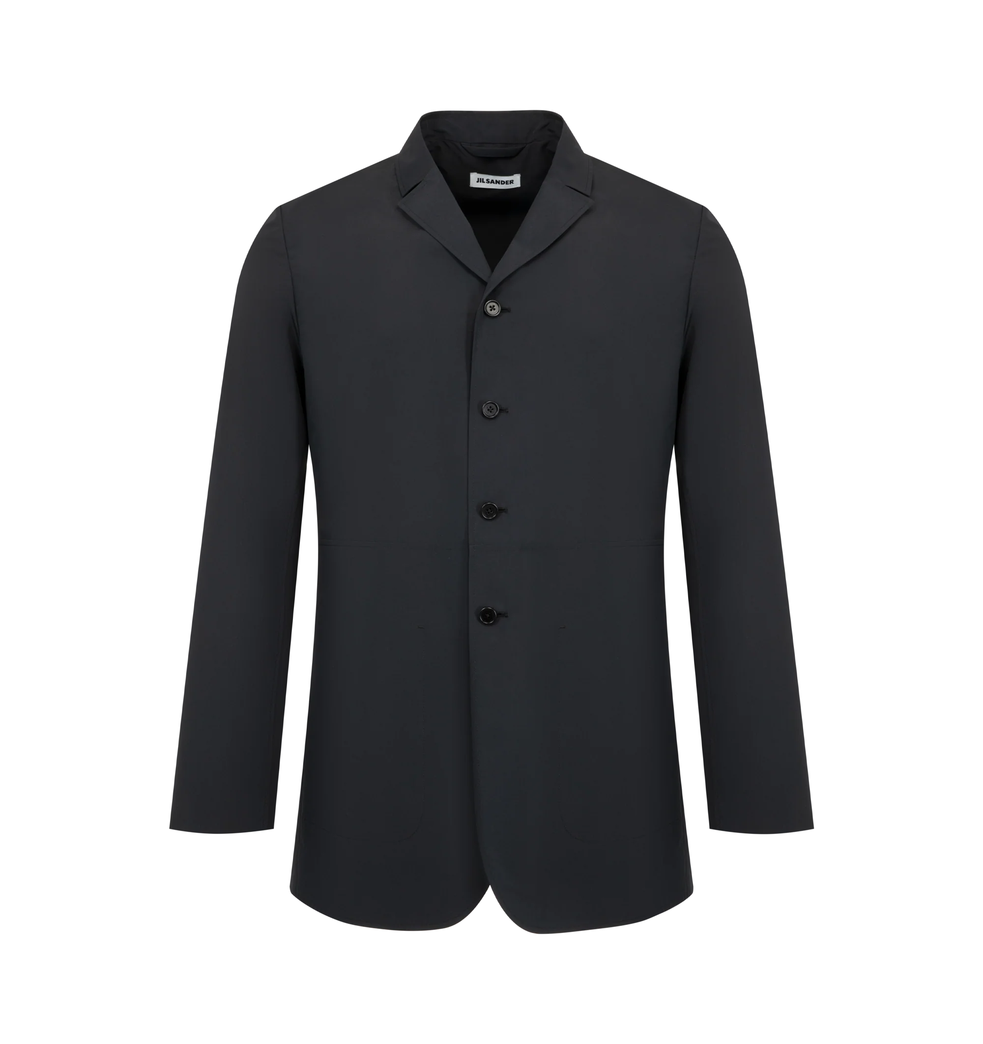 Image 1 of 3 - BLACK - Jil Sander Mens Sport Jacket is a Single-Breasted Tailored Style Jacket is crafted from lightweight technical fabric. Features a relaxed fit, notched lapels, button-front closure, long sleeves, two front patch pockets, and a straight hem. Main Material: 100% Polyester. Made in Italy.