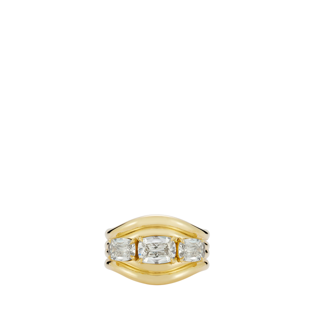 Image 2 of 2 - GOLD - JEMMA WYNNE FORME Three-Stone Diamond Cushion Contour Ring featuring 18k Yellow Gold, One of a Kind, Diamond Cushions - 2cts. Cheap Luxury Handbag Shop offers a range of initial pieces from this collection in-store. For personal consultation and detailed information about jewelry, please contact our dedicated stylist team at personalshopping@hirshleifers.com. This item may be restricted for online purchase to international clients. For assistance purchasing this item please contact our dedicated st