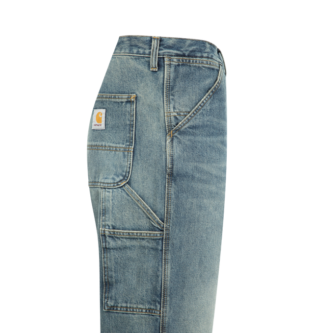Image 3 of 3 - BLUE - CARHARTT WIP Single Knee Jeans featuring relaxed-fit, straight-leg, belt loops, five-pocket styling, zip-fly, utility pocket at outseams, logo patch at back pocket and contrast stitching in tan. 100% cotton.