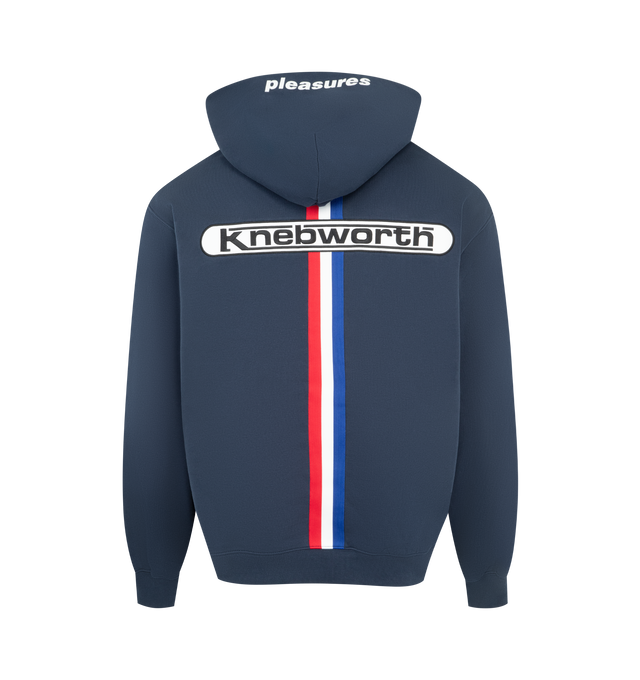Image 2 of 2 - NAVY - PLEASURES Knebworth Hoodie featuring pull-on styling, kangaroo pocket, front graphic detail and terrycloth lining. 100% cotton.