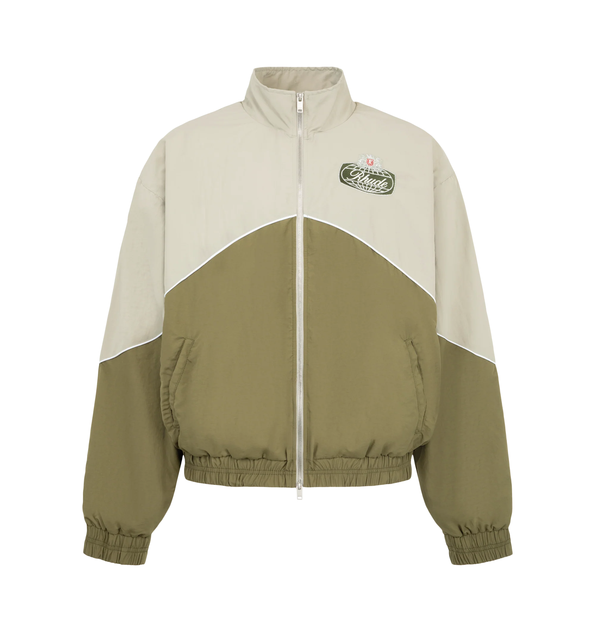 Image 1 of 3 - GREEN - Rhude Desert Racing Track Jacket is crafted from nylon and features a sport-inspired silhouette designed with racing influences. Detailed with graphic branding, a full-zip front, and functional pockets, the jacket combines technical construction with elevated everyday wear. Main Material: 100% Nylon. Lining: 100% Polyester. Made in USA.