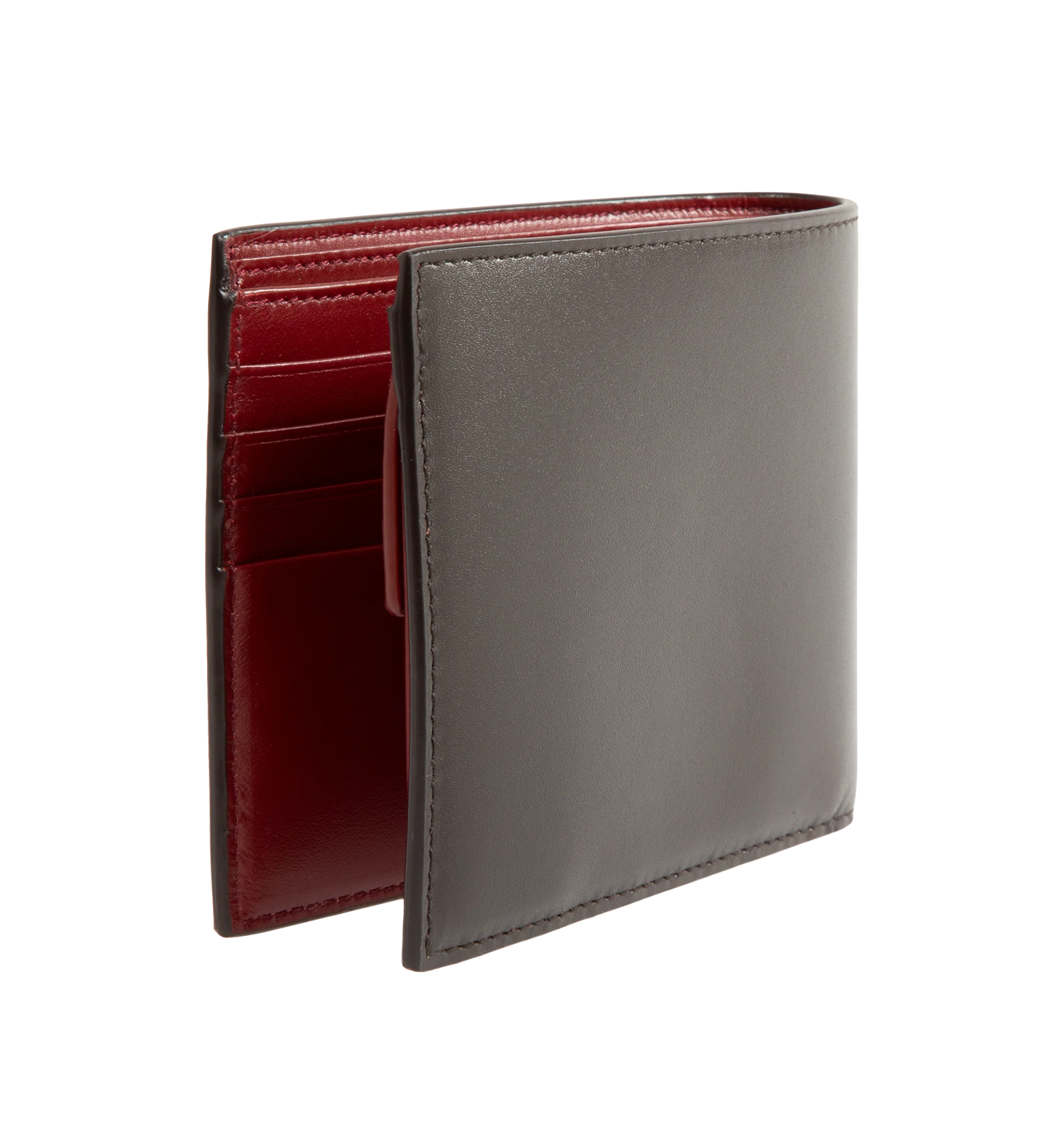 Image 2 of 3 - BROWN - Saint Laurent Men's Soho Calfskin Bi-Fold Wallet is crafted from premium calfskin and features an embossed Saint Laurent Paris signature, a contrasting interior, bronze-tone hardware, eight card slots, two bill compartments, and two receipt compartments. This designer leather wallet combines timeless craftsmanship with everyday functionality. Main Material: Calfskin. Dimensions: 11 x 9.5 x 2.5 cm. Made in Italy.