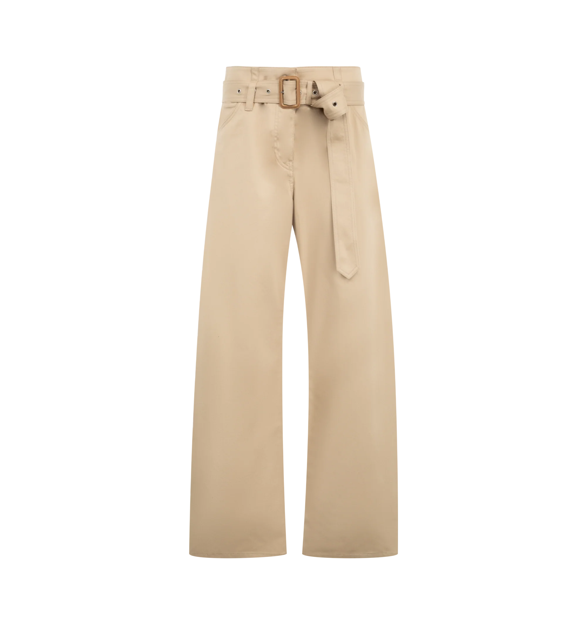 Image 1 of 3 - NEUTRAL - Acne Studios Womens Twill Trousers are crafted from classic cotton twill. Feature a regular fit, five-pocket construction, matching adjustable belt with leather-covered buckle, leather logo patch at the back waist, and belt loops. Main Material: 99% Cotton, 1% Elastane; Patch: 100% Cow Leather. Made with organically grown cotton.