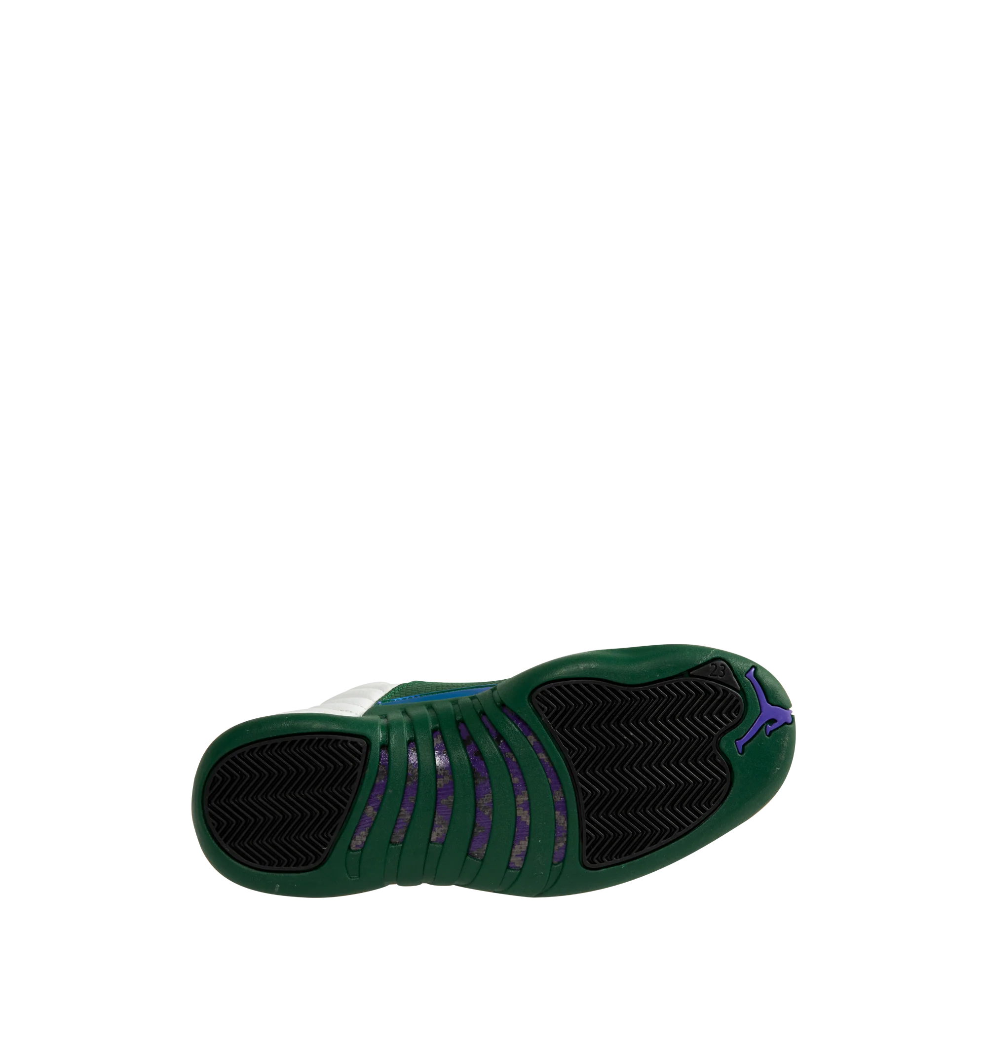 Image 4 of 5 - GREEN - Air Jordan 12 Retro 'Bucks' Sneakers are crafted from premium leather and feature a Summit White upper with sunrise-inspired stitch lines and Gorge Green overlays inspired by early-2000s player exclusives. Designed with a classic basketball silhouette, they are finished with Jumpman branding, Air Zoom cushioning, and a durable rubber outsole for comfort and performance. Main Material: Leather. Cushioning: Full-length Air Zoom. Sole: Rubber. Made for men.
