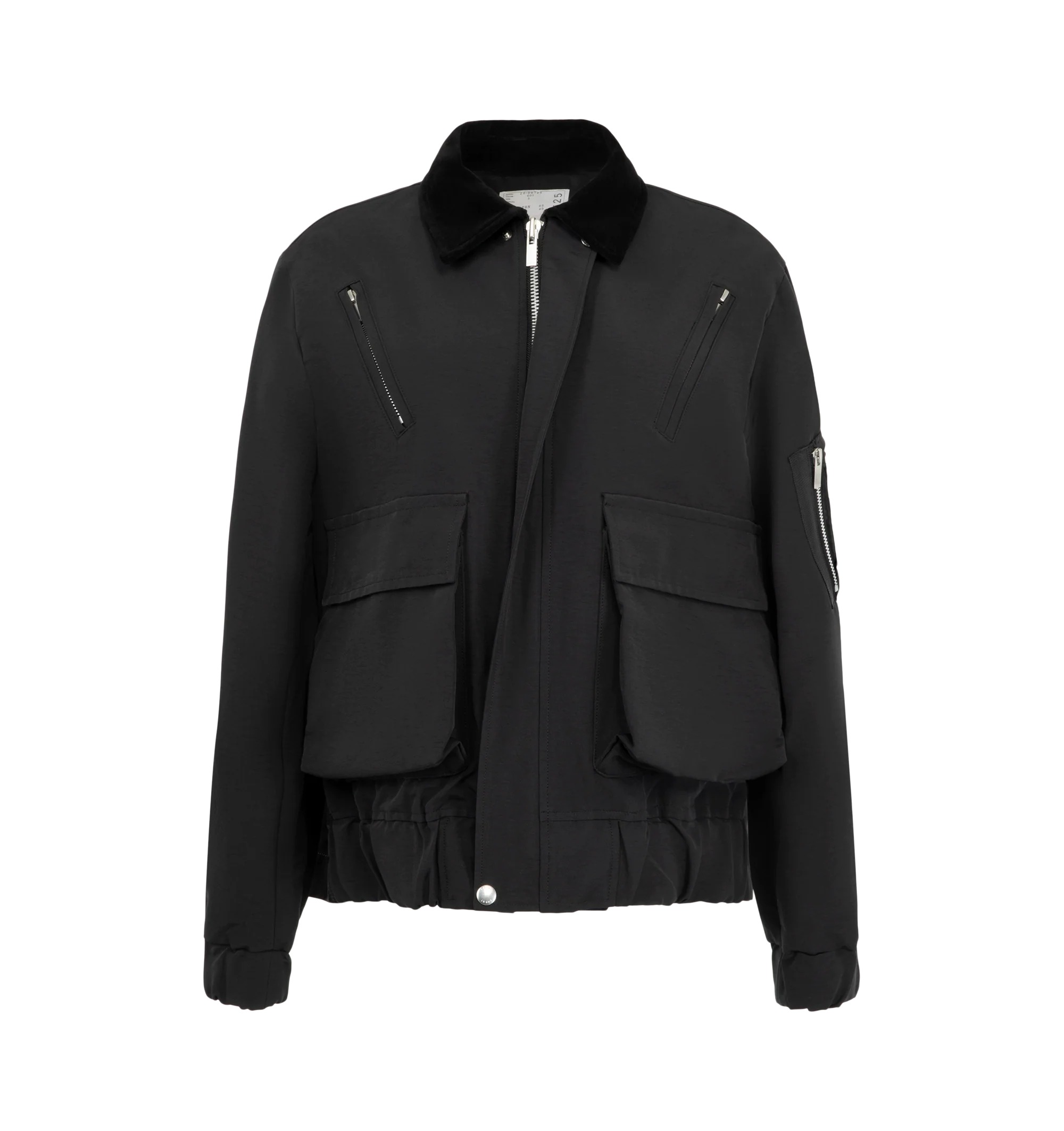Image 2 of 4 - BLACK - Sacai Women's Grosgrain Bonding Blouson Jacket features distinct oversized front flap pockets, angled chest zip pockets, a contrasting collar, and an adjustable buttoned placket overlay. Materials: Nylon Exterior; Cotton. 