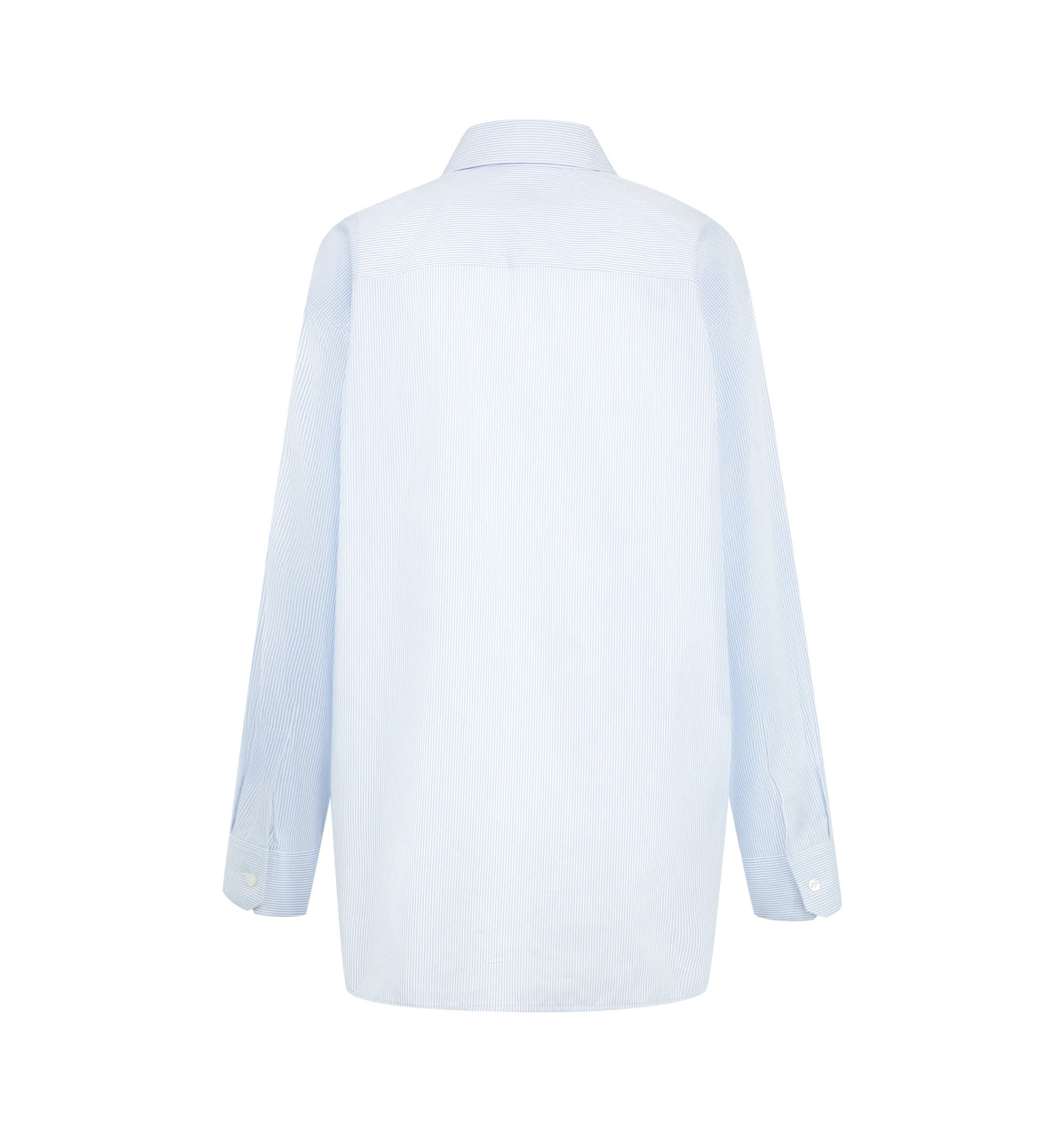 Image 2 of 2 - BLUE - Saint Laurent Womens Oversized Shirt is crafted from cotton poplin. Features an oversized fit, button-front closure, pointed collar, exaggerated shoulders with shoulder boning, French cuffs with one-button placket, and a curved hem. Main Material: 100% Cotton. Made in Italy.