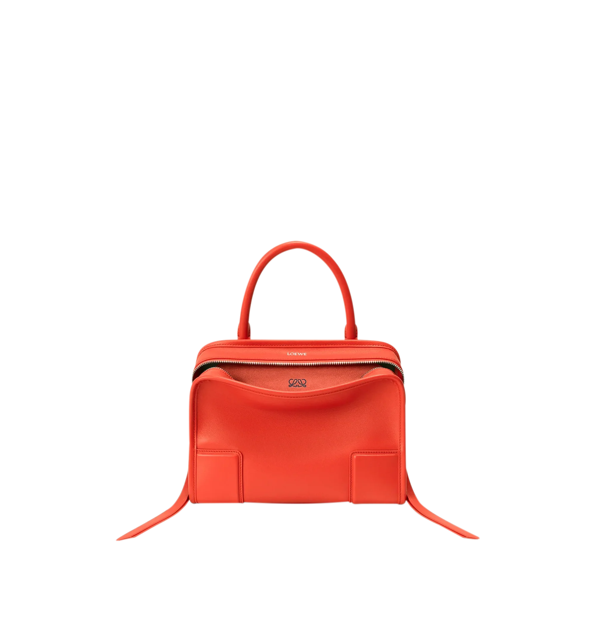 Image 1 of 17 - ORANGE - Loewe Small Amazona 180 Bag in leather features a relaxed silhouette anchored by a single toron top handle, designed to be carried open, while a concealed closure secures the main compartment, three carry options: short handle, removable shoulder strap and crossbody, zip closure with two leather zip pullers, two compartments, main compartment closed with magnetic closure, internal flat pocket, left side d-ring for customization, nappa lambskin lining, and embossed double L branding.