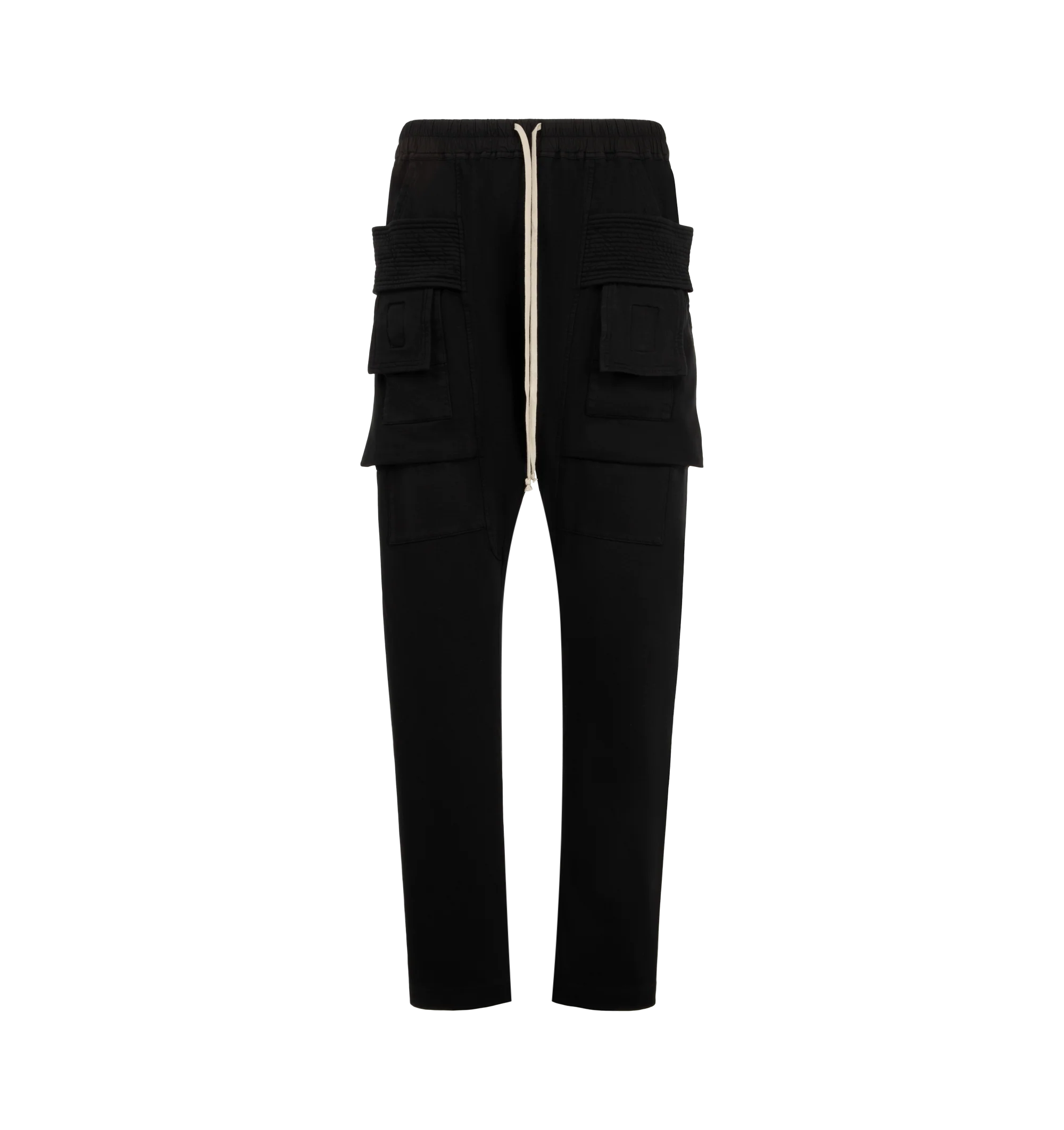 Image 1 of 3 - BLACK - Rick Owens Drkshdw Men's Creatch Cargo Drawstring Pants are crafted from cotton and feature an elasticized waistband with a drawstring closure. Designed with a relaxed cargo-inspired silhouette, these pants include side pockets, back flap pockets, and cargo flap pockets for functional storage. Main Material: 100% Cotton. Waistband: 97% Cotton, 3% Elastane. Pockets: Side Pockets, Back Flap Pockets, Cargo Flap Pockets. Made in Italy.
