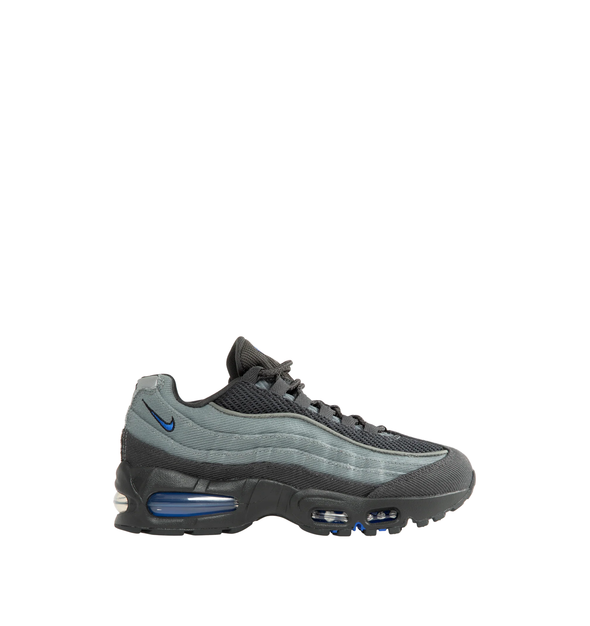 Image 1 of 5 - GREY - Nike Men's Air Max 95 Big Bubble Sneaker featuring textile and synthetic leather, visible Max Air cushioning, flex grooves in the midsole and outsole, foam midsole and rubber outsole.