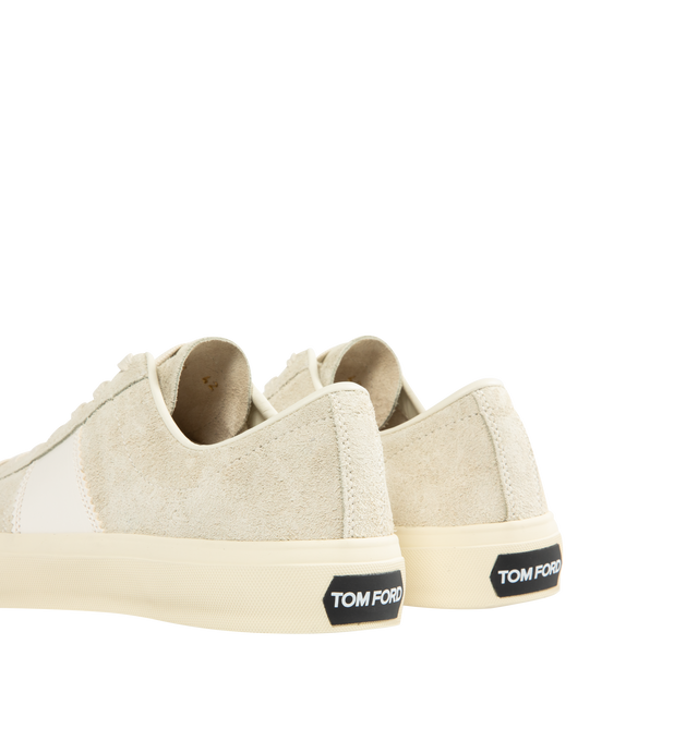 Image 3 of 5 - WHITE - TOM FORD Cambridge Suede Low-Top Sneakers featuring contrast smooth leather straps on the sides, flat heel, round toe, lace-up vamp, lozenge logo on the heel and rubber outsole. Lining: Leather. Made in Italy.