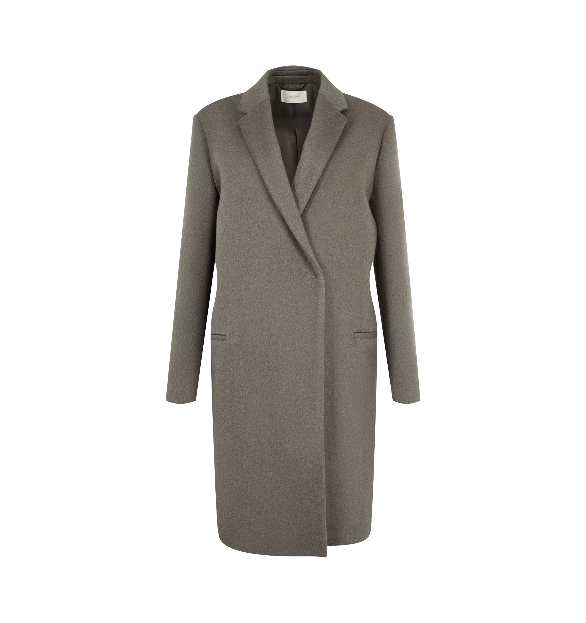Image 1 of 3 - NEUTRAL - The Row Women's Ciel Coat is crafted from heavyweight double-face cashmere and features a mid-length tailored silhouette with notch lapels, front welt pockets, and an open-front design. Lined in silk, this designer cashmere coat combines exceptional Italian craftsmanship with a soft, brushed finish and subtle sheen, creating an elegant outerwear staple with timeless sophistication. Main Material: 100% Double-Face Cashmere. Lining: 100% Silk. Made in Italy.