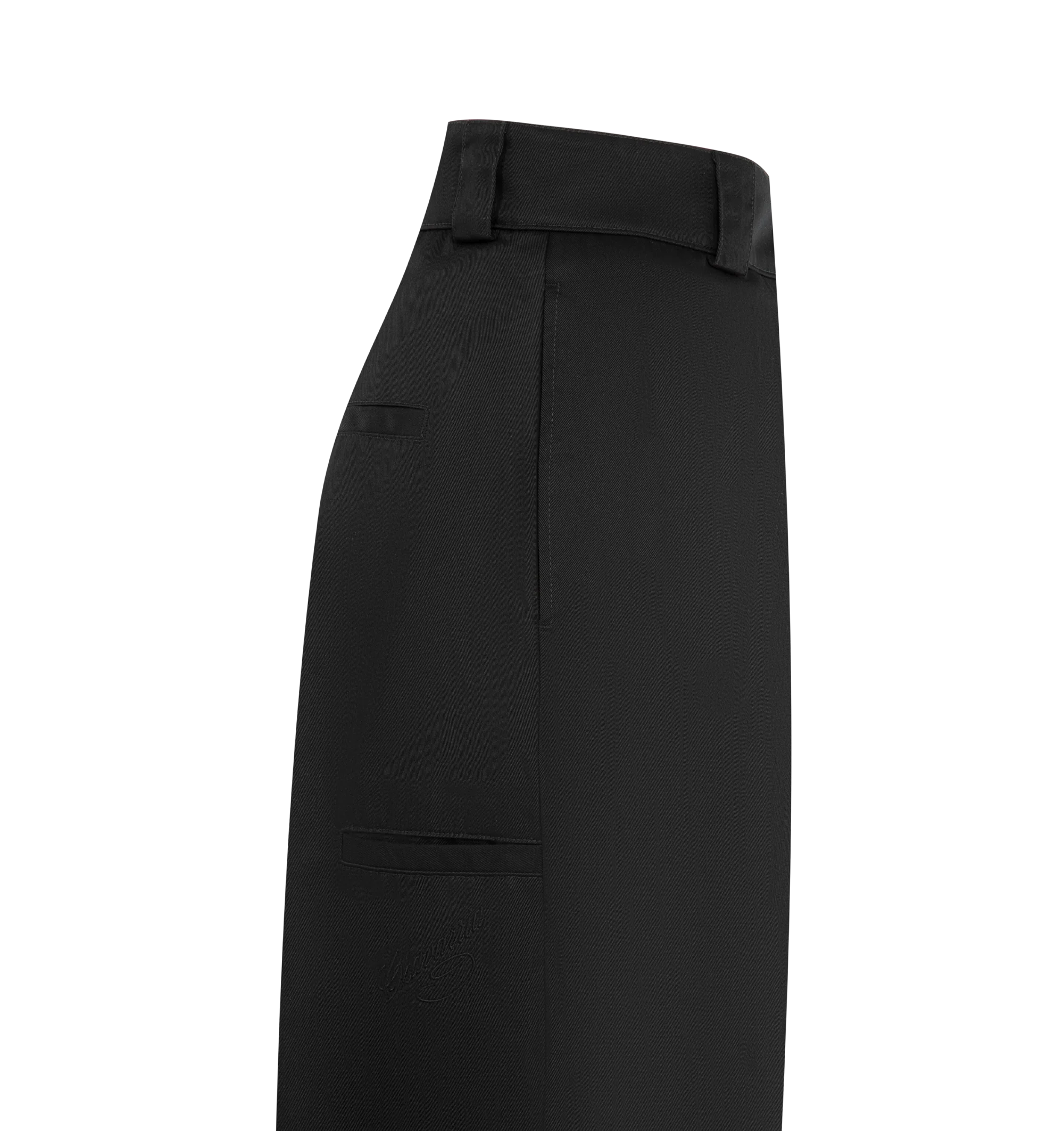 Image 3 of 3 - BLACK - WILLY CHAVARRIA Cholo Chino Trousers featuring cotton-blend twill, wide-leg, high-rise, belt loops, four-pocket styling, zip fly, creased legs and welt pocket and embroidered logo at back leg. 65% polyester, 35% cotton. Lining: 100% cotton. Made in Italy.