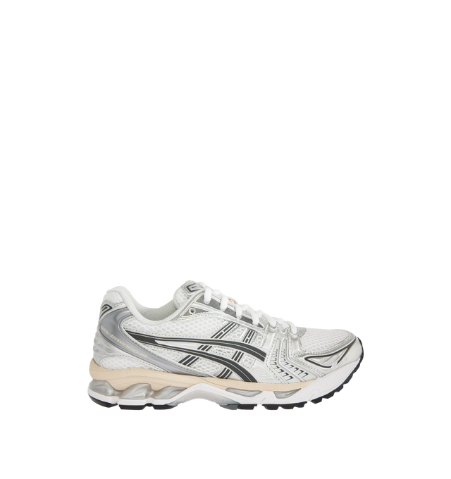 Image 1 of 5 - SILVER - Asics GEL-Kayano 14 Sneakers are lace-up style with rip-stop underlays, GEL cushioning, and TRUSSTIC support system. Unisex style in men's sizing.
