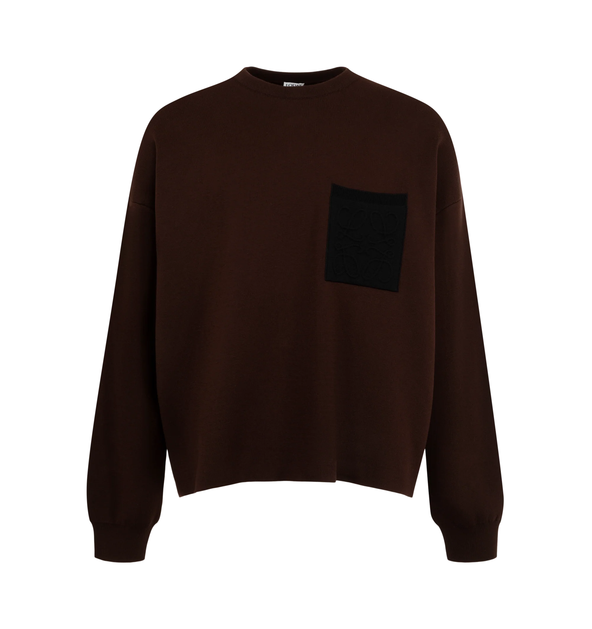 Image 1 of 2 - BROWN - Loewe Men's Anagram Pocket Sweater is crafted from a medium-weight compact cotton-blend double-face knit and features a regular-fit silhouette with a contrasting chest patch pocket. Designed with a round neckline, double-face stitch construction, ribbed collar and cuffs, and a 3D Anagram logo on the chest pocket that highlights the house's signature branding. Main Material: Cotton Blend. Made in Italy.