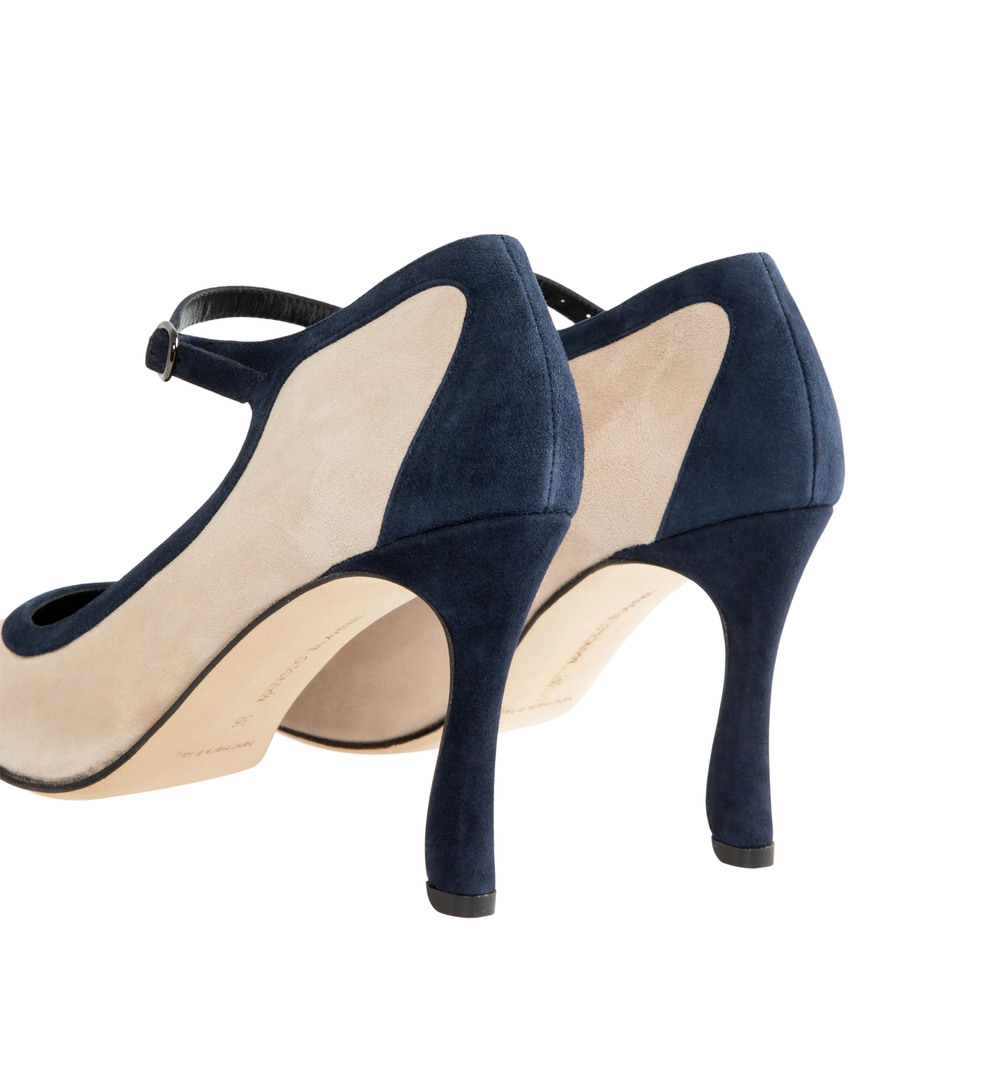 Image 3 of 4 - NEUTRAL - Manolo Blahnik Women's Churla 90 Pumps are crafted from kid suede and feature an almond toe, contrasting navy heel counter, edging, and ankle strap with a buckle closure, finished with a sculptural 90mm angular heel. These designer suede pumps combine exceptional Italian craftsmanship with timeless Mary Jane styling, making them an elegant choice for both day and evening wear. Main Material: 100% Kid Suede. Lining: 100% Kid Leather. Sole: 100% Calf Leather. Heel Height: 90mm. Made i