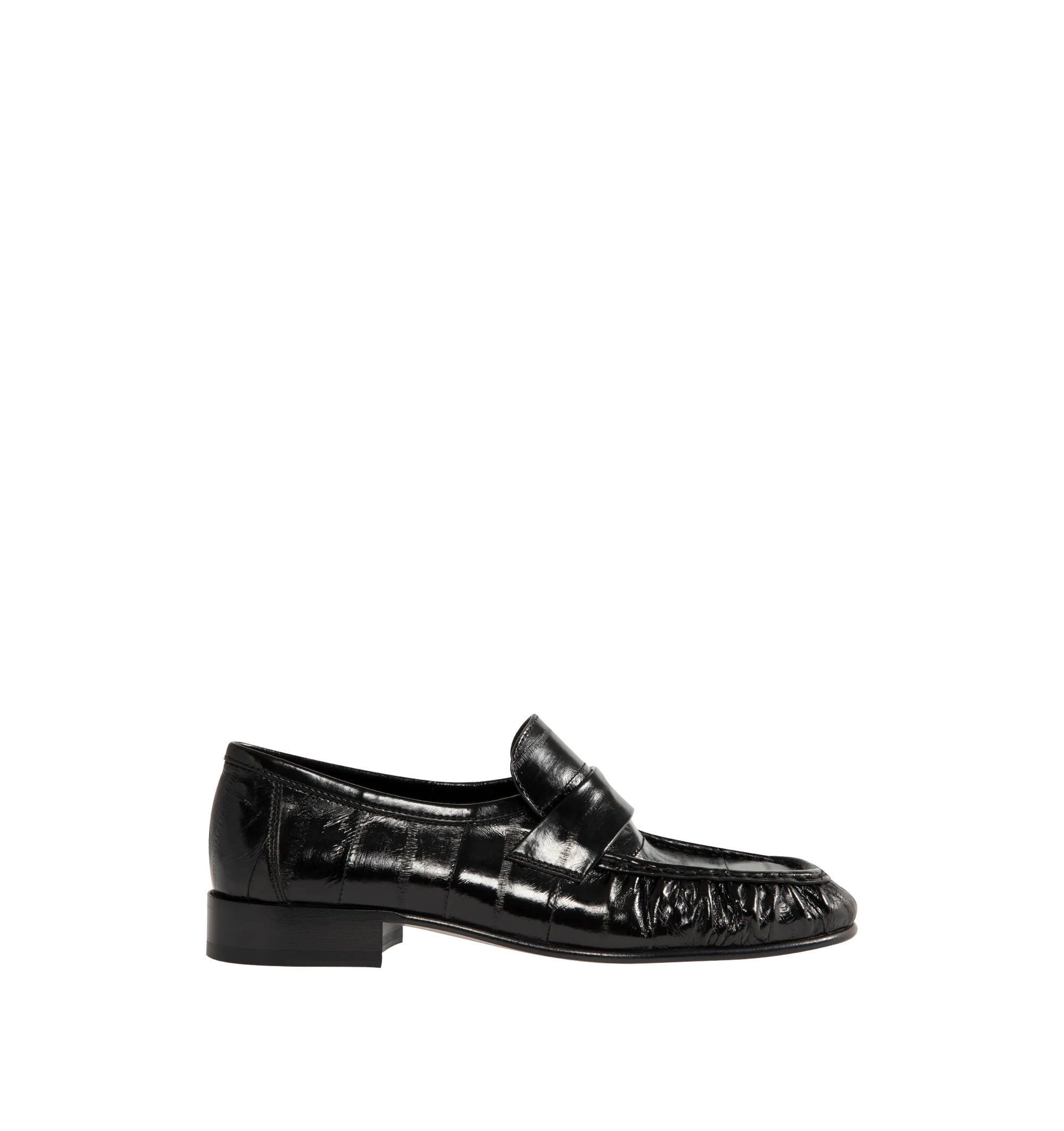 Image 1 of 4 - BLACK - THE ROW Soft loafer artisanally-crafted in polished eel skin leather with pleated outer vamp, curved front strap, hand-painted leather sole and sueded leater lining. 0.75 in. heel. Made in Italy.