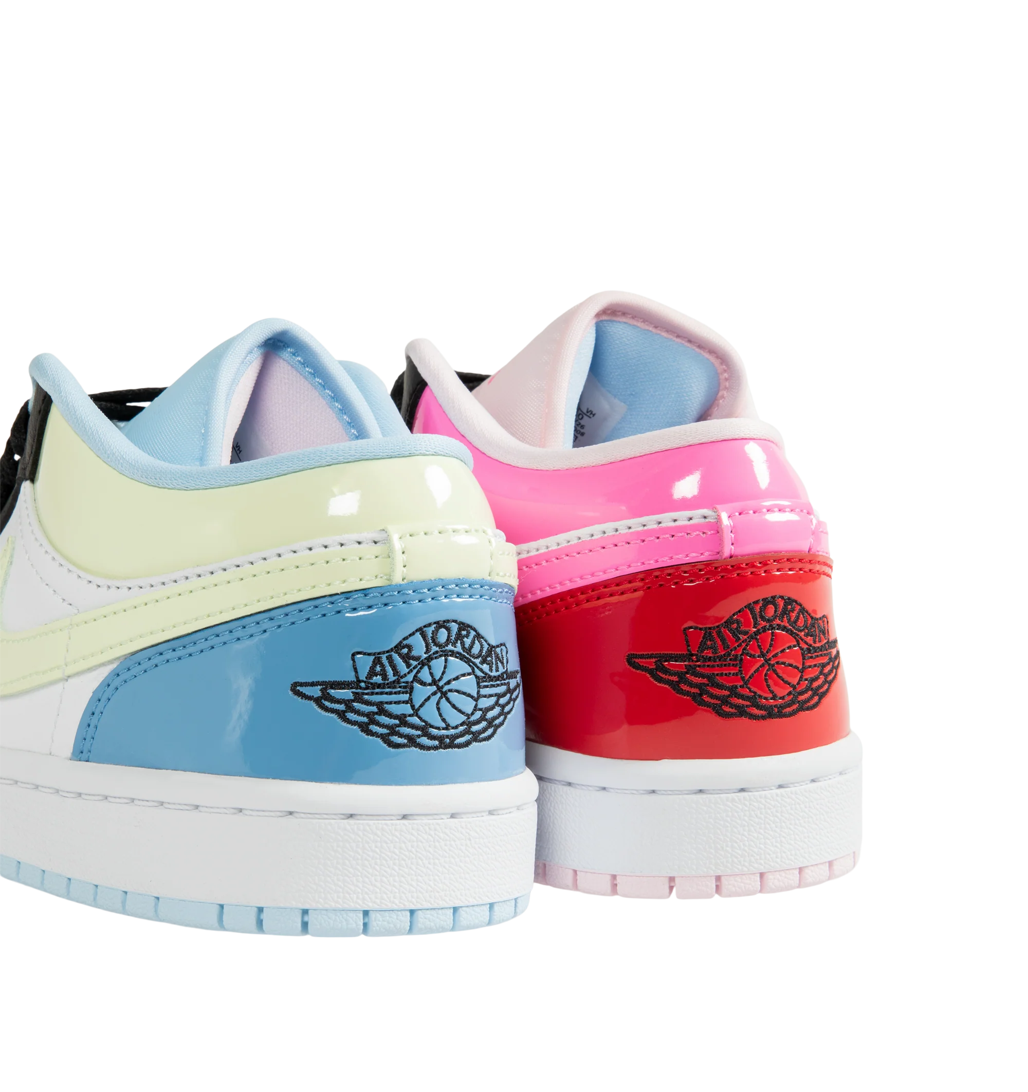 Image 3 of 5 - PINK - Air Jordan 1 Low SE Sneakers are crafted from leather and feature glossy patent accents with a playful mismatched color-block design that gives each shoe a unique look. Designed with a low-top silhouette, they are finished with Nike Swoosh branding, an embroidered Mini Swoosh at the lateral toe, Air Jordan Wings embroidery at the heels, perforated toe boxes, and durable rubber outsoles. Main Material: Leather. Sole: Rubber. Color: Multicolor. Made in womens sizing.