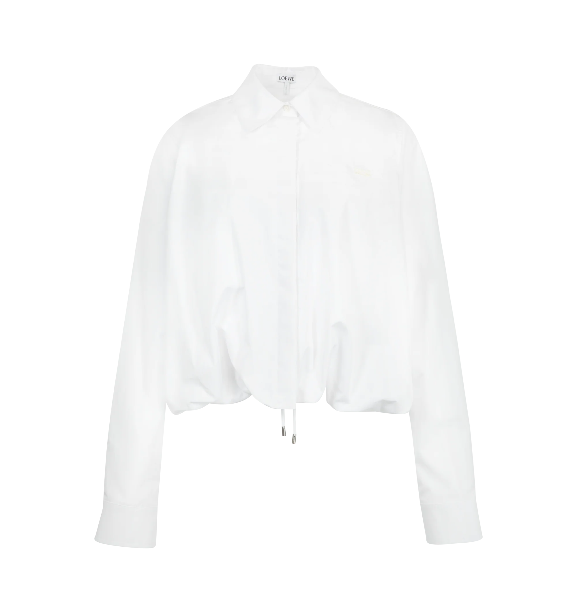 Image 1 of 2 - WHITE - Loewe Women's Shirt in cotton is crafted from lightweight cotton and features a drawstring waist for a cinched silhouette. Designed with a regular fit and regular length, it is finished with a concealed button-front fastening, a gathered hem with a concealed drawstring, and Double L embroidery at the chest. Main Material: Cotton. Made in Portugal.