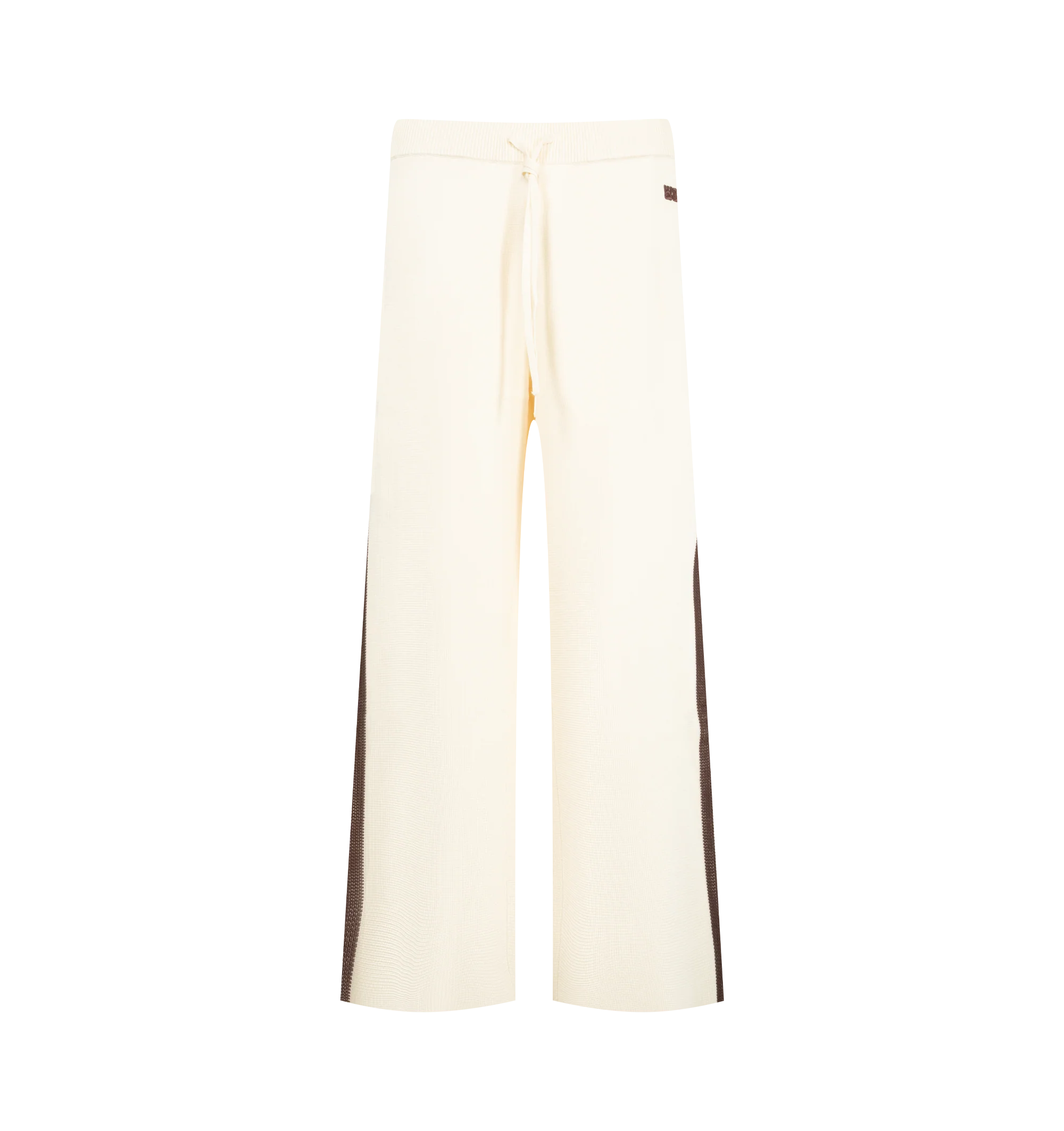 Image 1 of 3 - NEUTRAL - Wales Bonner Men's Tide Trackpant is crafted from a viscose-poly knit and features the brand's signature track pant silhouette in an ivory colorway. Detailed with crochet stripe accents along the sides of the legs, this elevated sportswear style combines a relaxed fit with refined texture and craftsmanship. 80% Viscose, 20% Polyester.