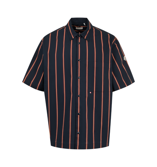 Image 1 of 1 - MULTI - Moncler Mens Striped Cotton Short Sleeve Shirt is crafted from cotton poplin. Features short sleeves, snap-button closure, and logo patch detailing. Exterior: 100% Cotton. Made in Romania.
