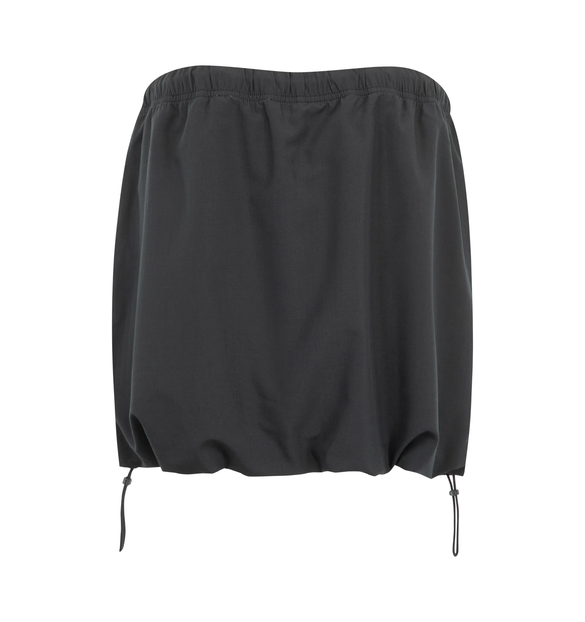 Image 2 of 3 - BLACK - The Fear Of God Essentials Women's Micro Skirt is crafted from a silk stretch blend for elevated comfort. This mini silhouette features an encased elastic waistband with bungee drawcords and adjustable toggles at the waist and hem. Materials: 69% Polyester, 19% Silk, 8% Wool, 4% Spandex. 