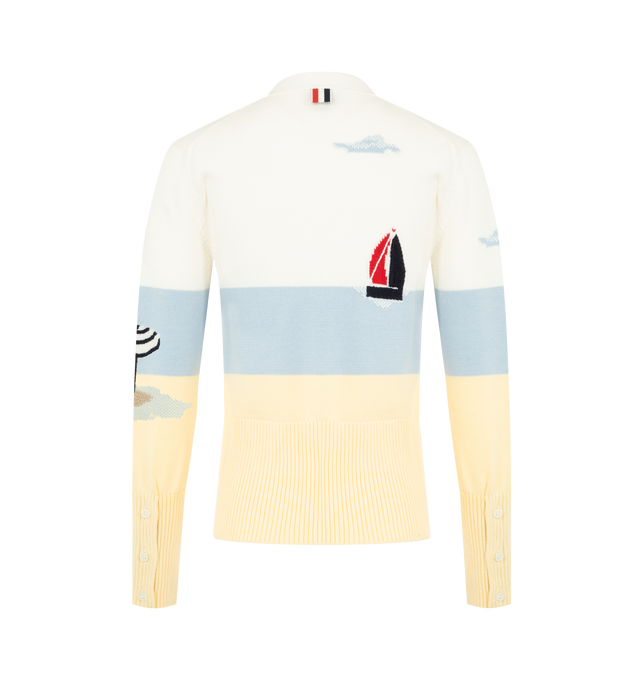 Image 2 of 4 - MULTI - THOM BROWNE Nantucket Scenic Embroidery Cardigan featuring v-neckline, front button closure with striped grosgrain placket, buttoned side vents and cuffs with signature striped grosgrain trim and signature striped grosgrain loop tab. 100% cotton. Made in Italy. 