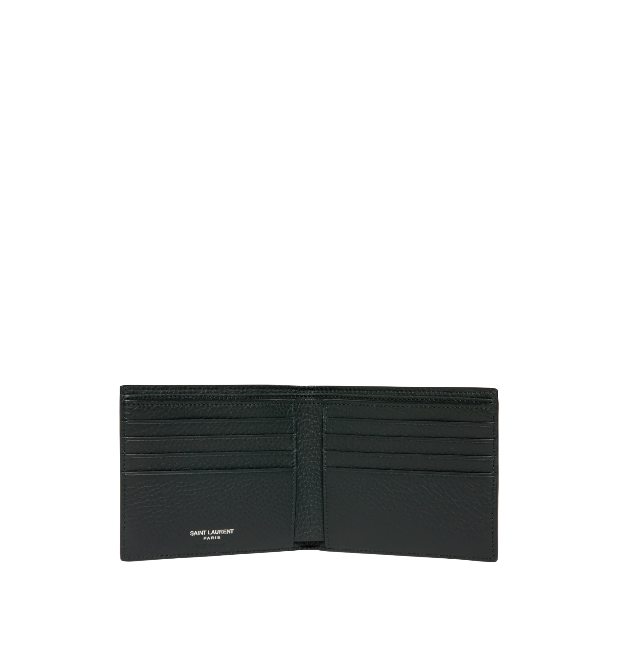 Image 3 of 3 - GREEN - Saint Laurent Mens Wallet is crafted from black leather. Features a classic bifold silhouette, interior card slots and bill compartment, silver-tone hardware, and embossed Saint Laurent logo. Main Material: 100% Leather. Made in Italy.