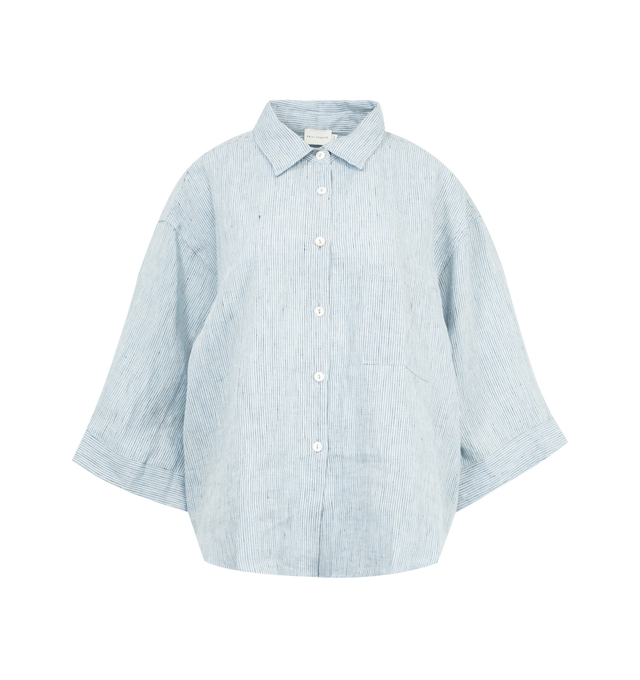 Image 2 of 6 - BLUE - DEIJI STUDIOS 03 Set featuring an oversized box fit linen shirt with wide arms and a front pocket designed to sit mid rise, the loose fitting boxer style shorts have a faux button down fly and an elastic waist for extra comfort. 100% GOTS certified organic, OEKO-TEX 100 certified and EU certified stone washed french linen. 