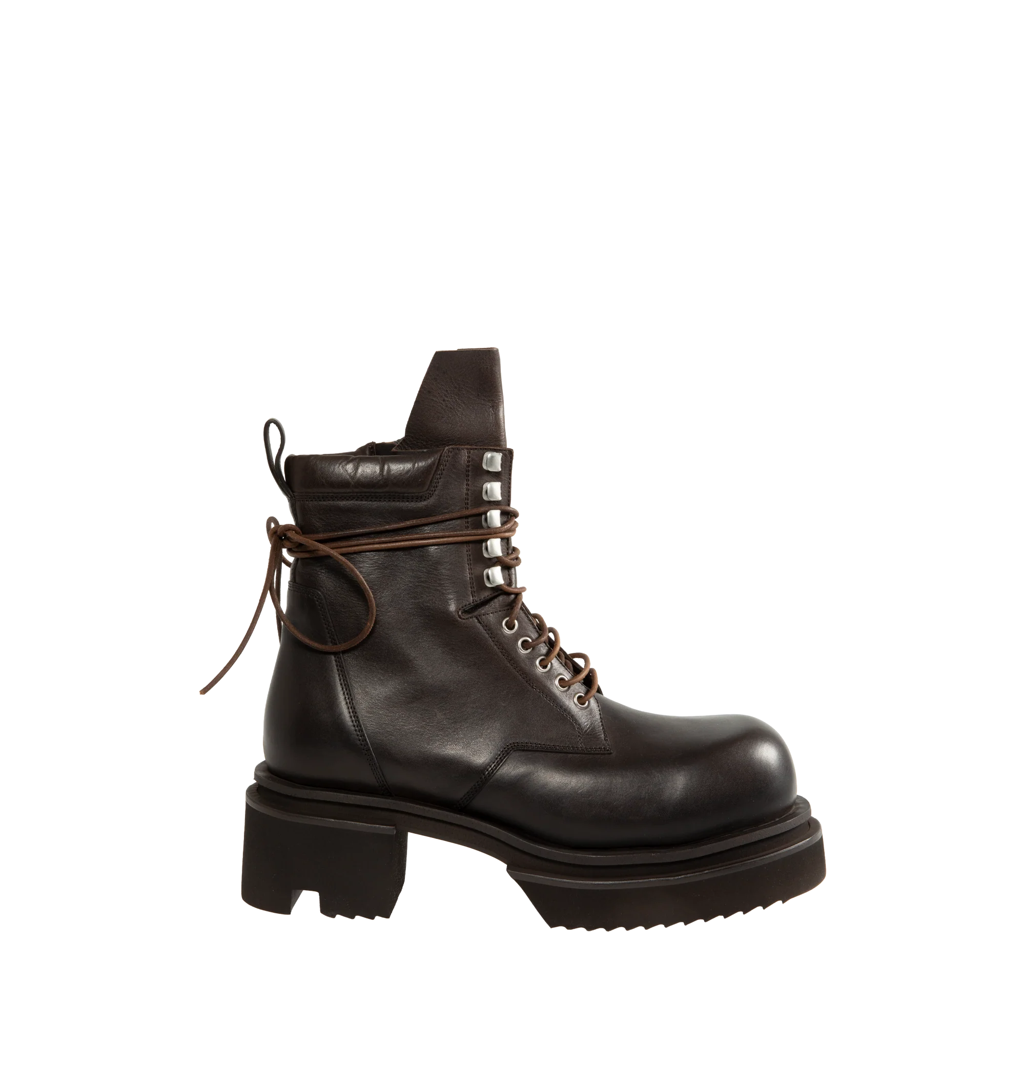 Image 1 of 4 - BROWN - Rick Owens Men's Laceup Bogun Boots are crafted from washed calf leather and feature a mid-calf silhouette with long wraparound laces, a rounded toe, and the brand's signature Bogun rubber mega creeper sole. Designed with eyelets and hooks, angled topstitched panels, an inner-leg zip closure, a back pull tab, and a toothed square heel for a bold, architectural look. Main Material: 100% Calf Leather. Lining: 100% Calf Leather. Insole: 100% Calf Leather. Intersole: 100% Cow Leather. Sol