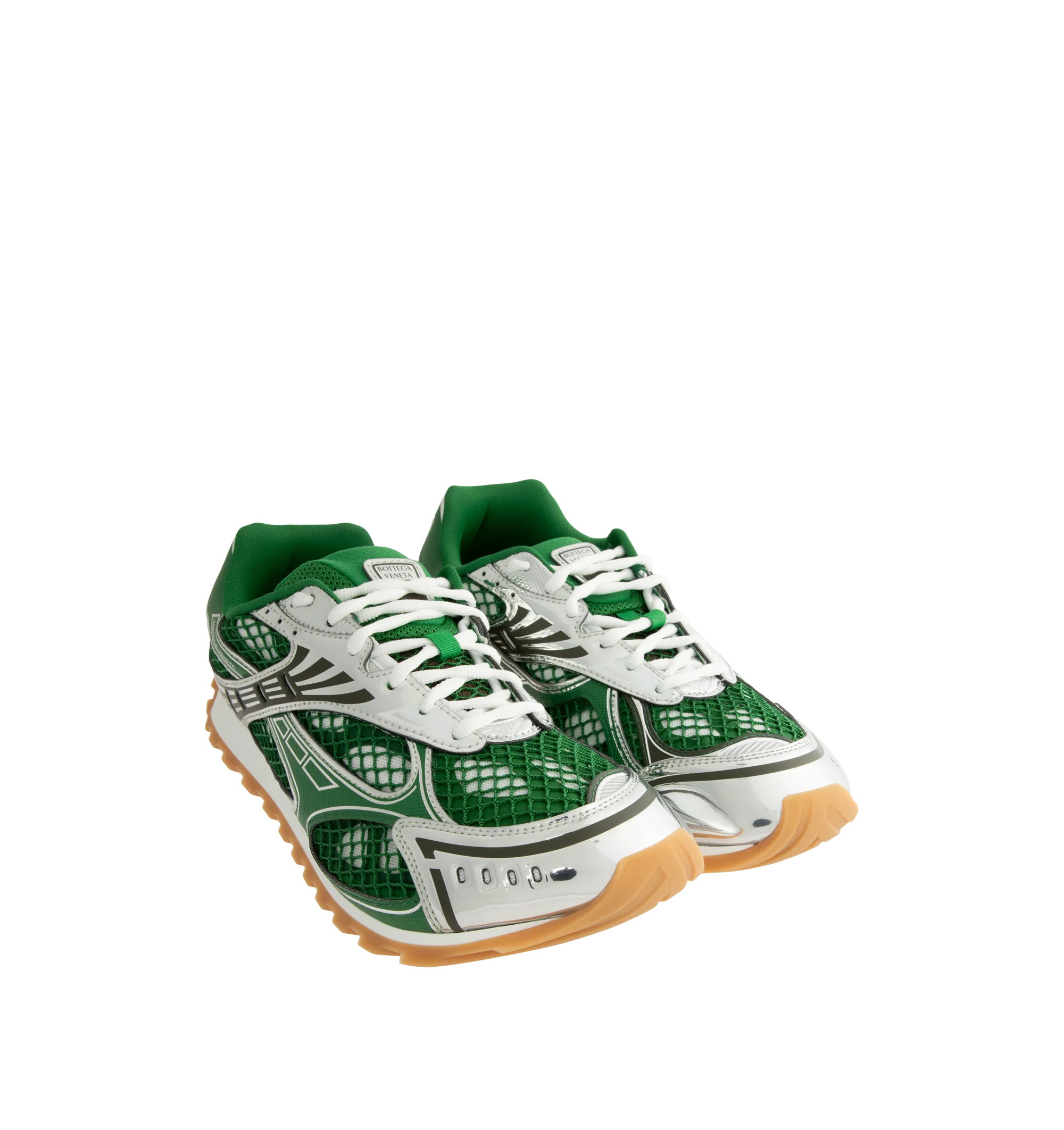 Image 2 of 5 - GREEN - Bottega Veneta Orbit Sneaker featuring mechanical textile upper, rubber sole, lace-up front, padded collar and tongue with Bottega Venneta logo detail at tongue. Made in Italy.