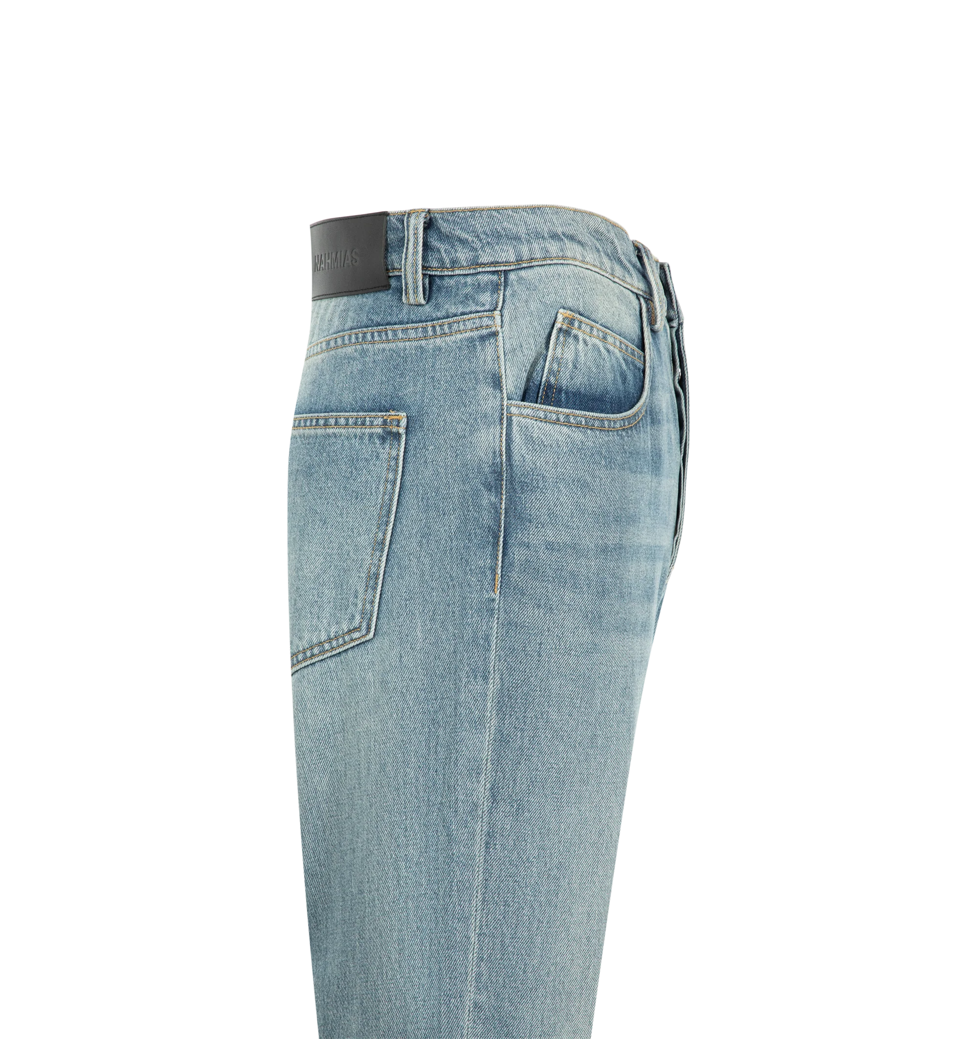 Image 3 of 4 - BLUE - Nahmias Men's High Tide Split Seam Straight Leg Jeans are crafted from 100% cotton denim and feature a straight-leg silhouette with signature split-seam construction. Designed in a medium indigo wash, these designer jeans are finished with a waxed hem that creates a distinctive wet, just-out-of-the-water effect and a Summerland label detail at the split seam. Main Material: 100% Cotton. Fit: Straight Leg. Closure: Button. Details: Waxed Hem, Summerland Label at Split Seam. Care: Profes