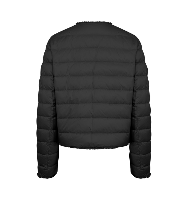 Image 2 of 3 - BLACK - MONCLER Fleurs Boucl-Trimmed Short Down Jacket featuring water-repellent main fabric, longue saison lining, boucl trim, down-filled, snap button closure, pockets with button closure and leather logo patch. 100% polyamide/nylon. Padding: 90% down, 10% feather.