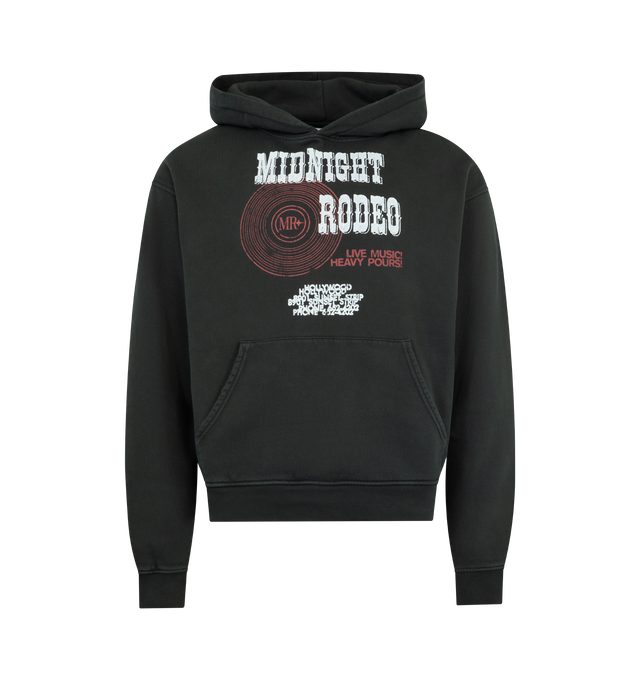 Image 1 of 2 - BLACK - MIDNIGHT RODEO Heavy Pours Hoodie featuring pull-on styling, front and back graphic, kangaroo pocket, fleece lining and hoodie. 100% cotton.