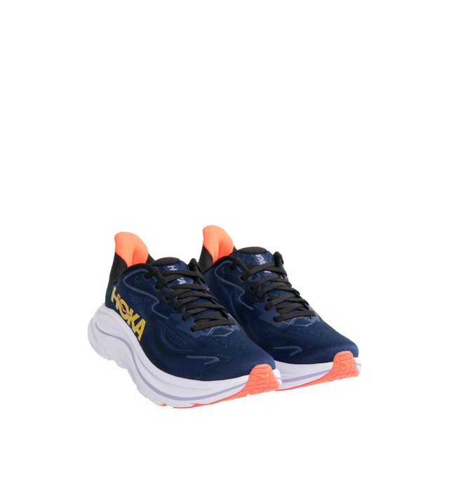 Image 2 of 5 - BLUE - HOKA Clifton 10 Sneaker featuring jacquard knit, reflective upper details, smooth MetaRocker, rearfoot-focused Active Foot Frame, CMEVA midsole, molded EVA sockliner and inherently durable abrasion rubber.