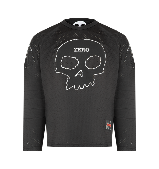 Image 1 of 3 - BLACK - PLEASURES x Zero Skateboards Jamie Hockey Jersey featuring graphic detail throughout, midweight jersey fabric and long sleeves. 100% polyester.