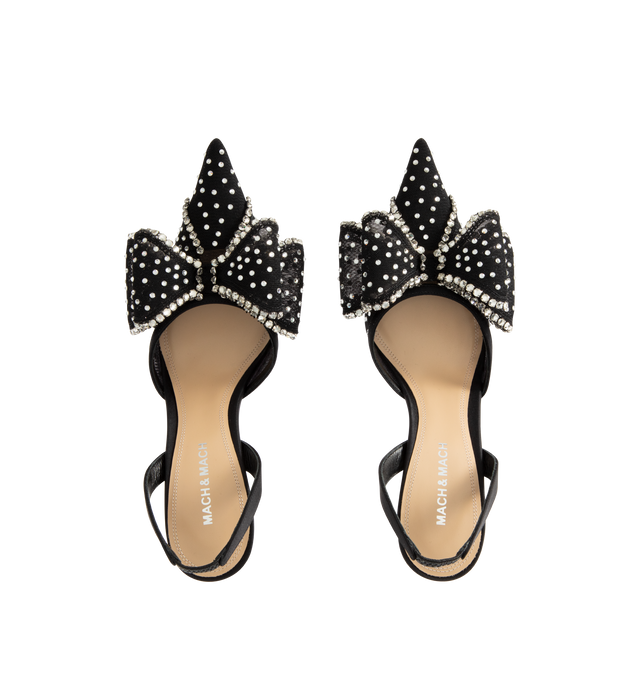 Image 5 of 5 - BLACK - MACH MACH Le Cadeau Crystal Mesh Slingback featuring an elasticated slingback strap, a high stiletto heel, crystal embellishments and bow detailing. The heel height measures 85mm. Made in Italy.