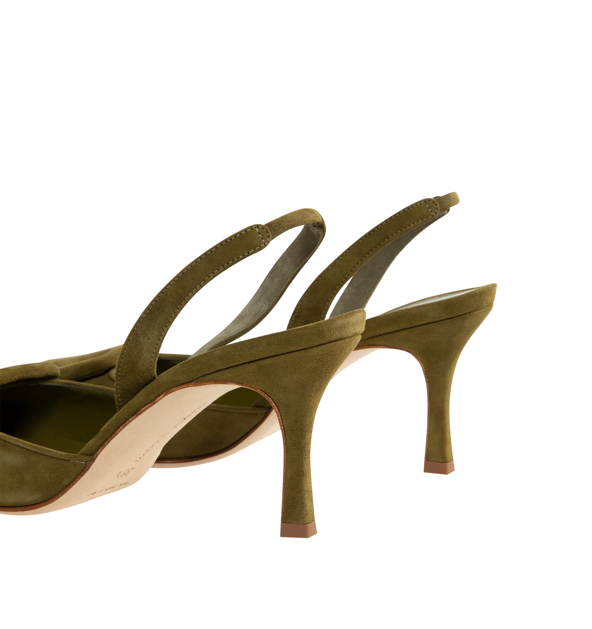 Image 3 of 4 - GREEN - MANOLO BLAHNIK Suede Buckle Detail Slingback Pumps with 2.7" stiletto heel, pointed toe with tonal buckle detail, leather lining and leather sole. Made in Italy.