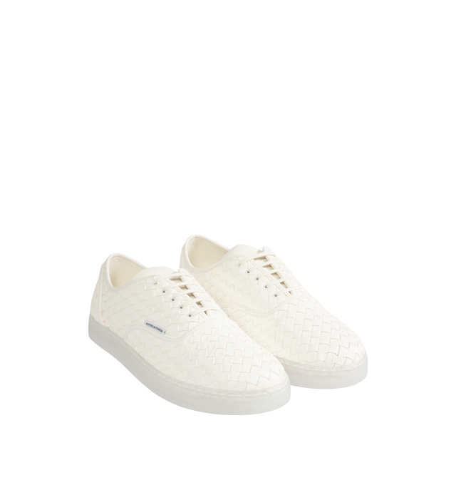 Image 2 of 5 - WHITE - BOTTEGA VENETA Serena Intrecciato Leather Sneakers featuring a heel logo patch, round toe, lace-up style, leather upper, leather lining and leather sole. Made in Italy.