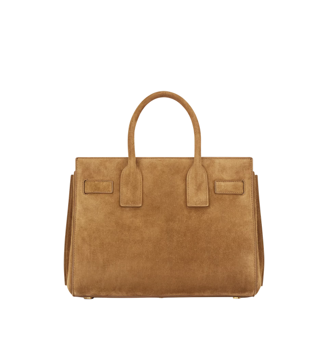 Image 4 of 6 - BROWN - SAINT LAURENT Sac De Jour Suede Bag featuring signature padlock, an east/west format, structured bag, top handles, interchangeable straps for multiple carry options, viscose and polyester lining, bronze-tone hardware, toggle hook closure, expandable accordion sides, one zip pouch and interchangeable suede strap and canvas strap. 9.8" x 7.5" x 5.9". Calfskin. Made in Italy.
