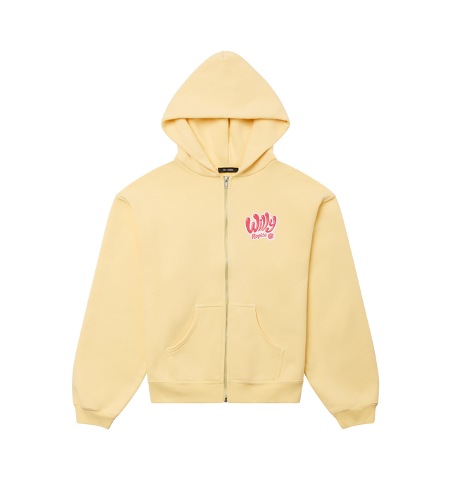Image 1 of 2 - YELLOW - WILLY CHAVARRIA Willy Ropita Shrunken Zip-Through Hoodie featuring front zipper closure, attached hood, chest and back logo detail, side slant pockets, fleece lining abd ribbed trim. 100% cotton. Made in USA.