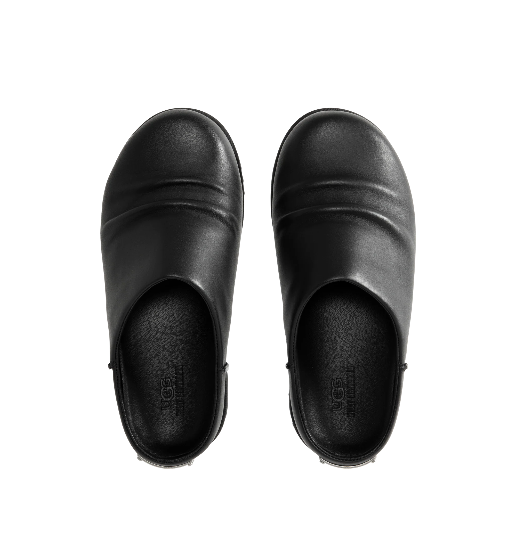 Image 4 of 4 - BLACK - UGG x Willy Chavarria Otzo Clog is crafted from premium black leather and features a slip-on silhouette for effortless everyday wear. Designed with custom Chavarria hardware logo and UGG's signature comfort-focused construction, the clog offers a refined take on casual footwear. Main Material: Leather. Unisex style in men's sizes.