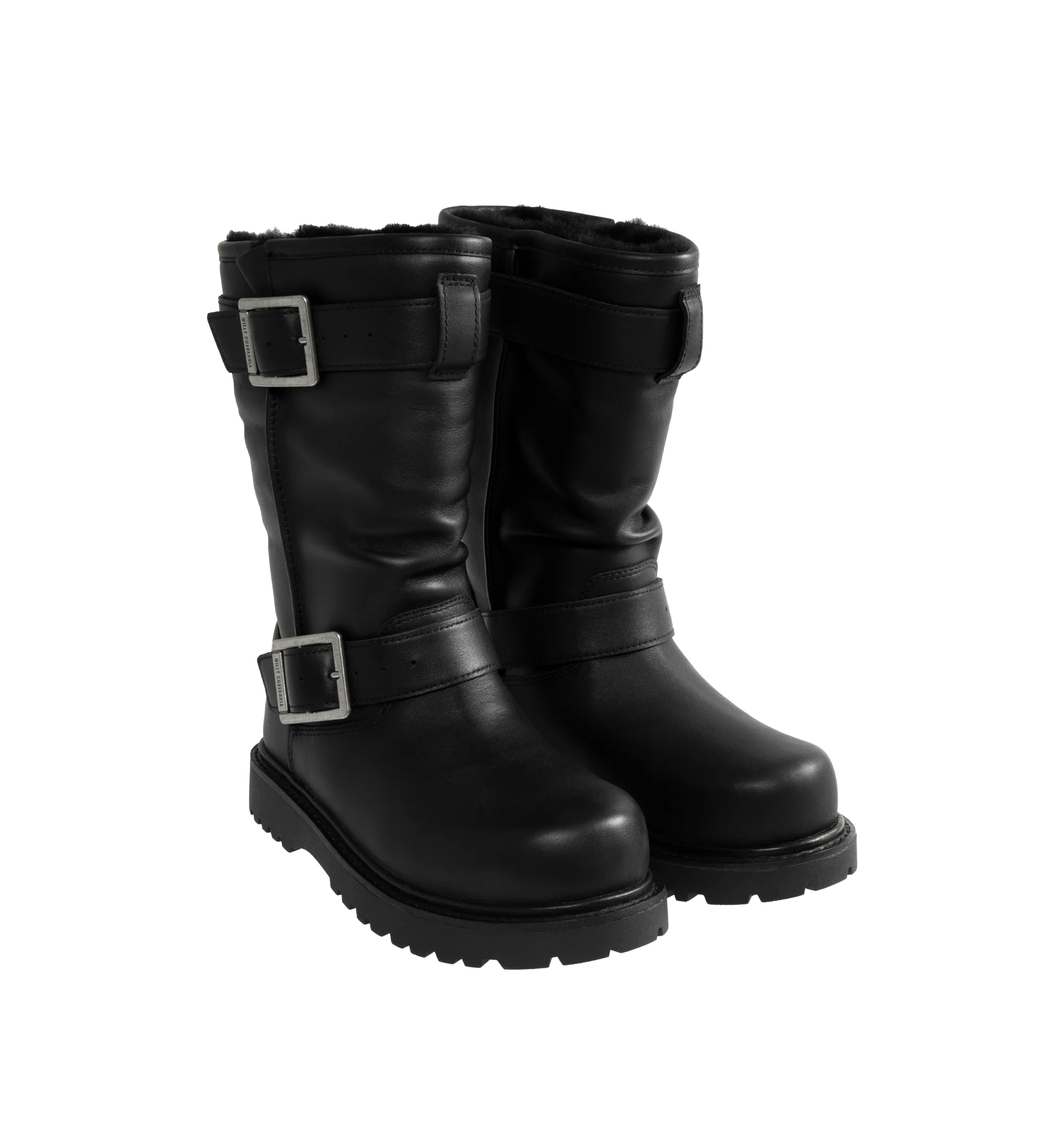 Image 2 of 4 - BLACK - UGG x Willy Chavarria Biker Boot is crafted from leather and reimagines UGG's iconic silhouette with a rugged, moto-inspired design. Featuring a mid-calf profile, chrome hardware detailing, and UGG's signature plush sheepskin lining, the boot combines bold utility styling with exceptional comfort. Main Material: Leather. Lining: Sheepskin. Unisex style in men's sizes.