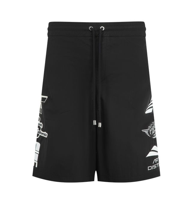 Image 1 of 4 - BLACK - AMIRI Sporty Emb Cotnyl Short featuring elastic waist, drawstring closure, side pockets and graphics at side seams. Made in Italy.