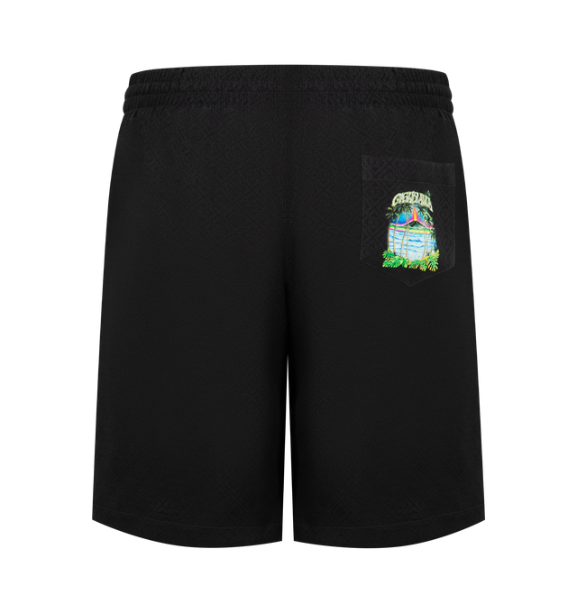Image 2 of 3 - BLACK - CASABLANCA Volcano Silk Shorts featuring the season's artwork of a volcano looming dramatically behind half-silhouetted palm trees, elasticised waistband, drawstring fastening, in-seam side pockets, a back patch pocket and a relaxed silhouette. 100% silk. Made in Italy.