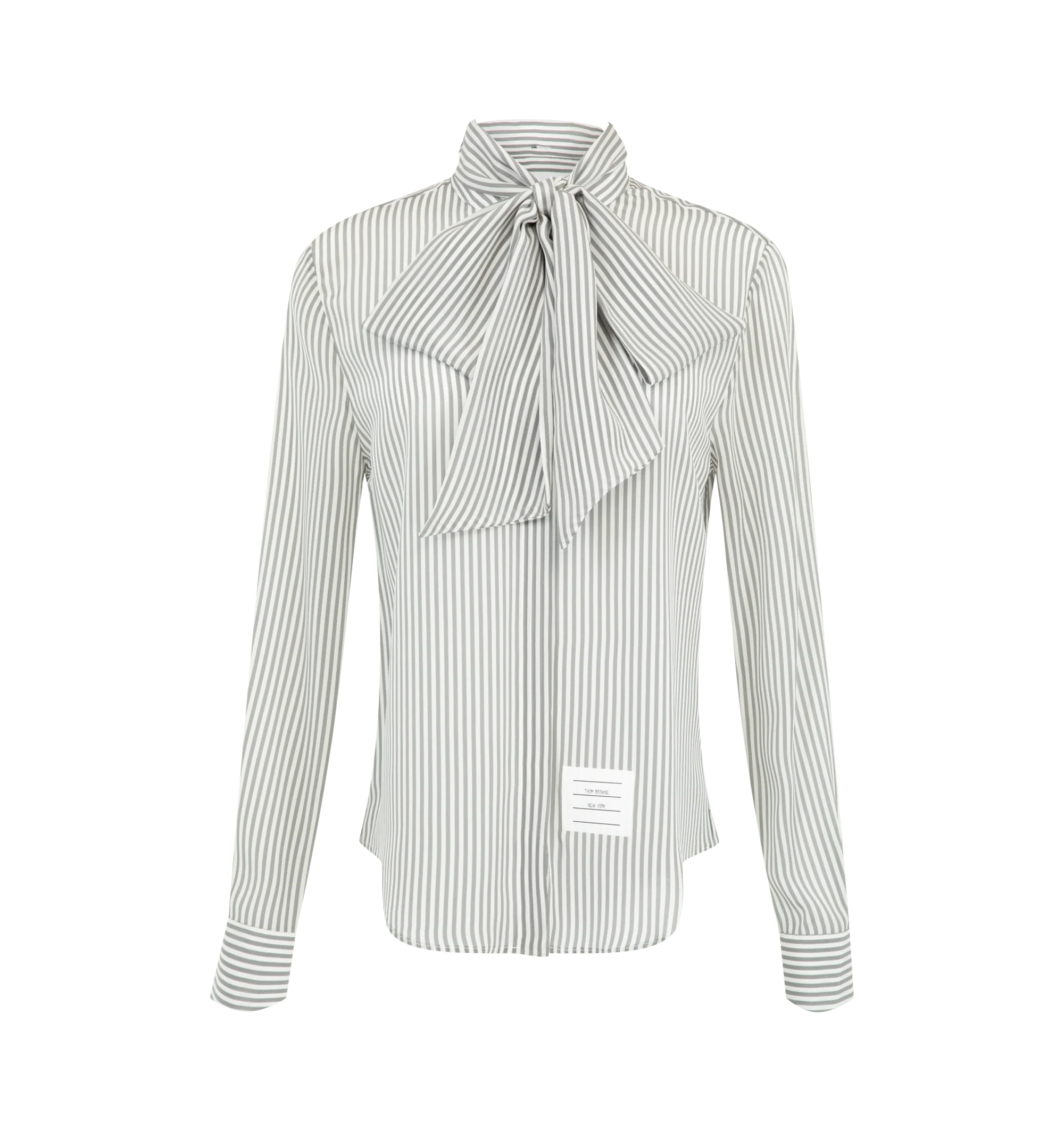 Image 1 of 3 - GREY - Thom Browne Womens Silk Shirt is crafted from fluid silk crpe de chine. Features a hidden button-front closure, band collar, detachable neck tie, buttoned cuffs, pleated back yoke with locker loop, curved hem, name tag appliqu, and signature striped grosgrain loop tab. Main Material: 100% Silk. Made in Italy.