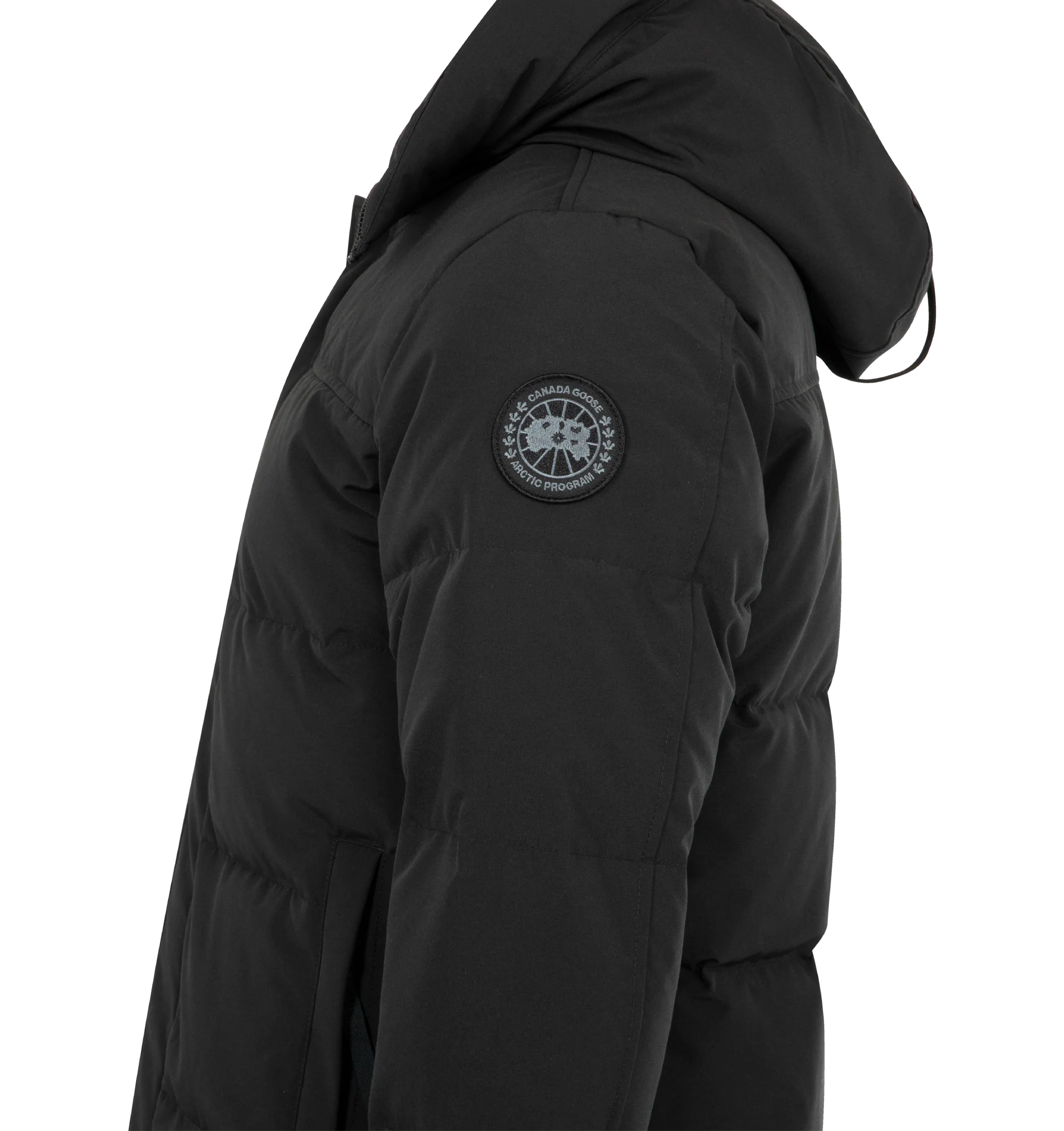 Image 3 of 3 - BLACK - CANADA GOOSE MacMillan Parka featuring adjustable down-filled Snorkel hood, hood features a removable zipper guard for the option of changing your hood trim for a customized look and added protection, chin guard is lined with tricot fabric, sleek interior hanging lining with backpack straps, placket with snap closures over 2-way zipper, storm flap underneath 2-way zipper, sleeve cuffs reinforced with CORDURA fabric, sip-length, cut longer in the back, 2 exterior fleece lined front poc